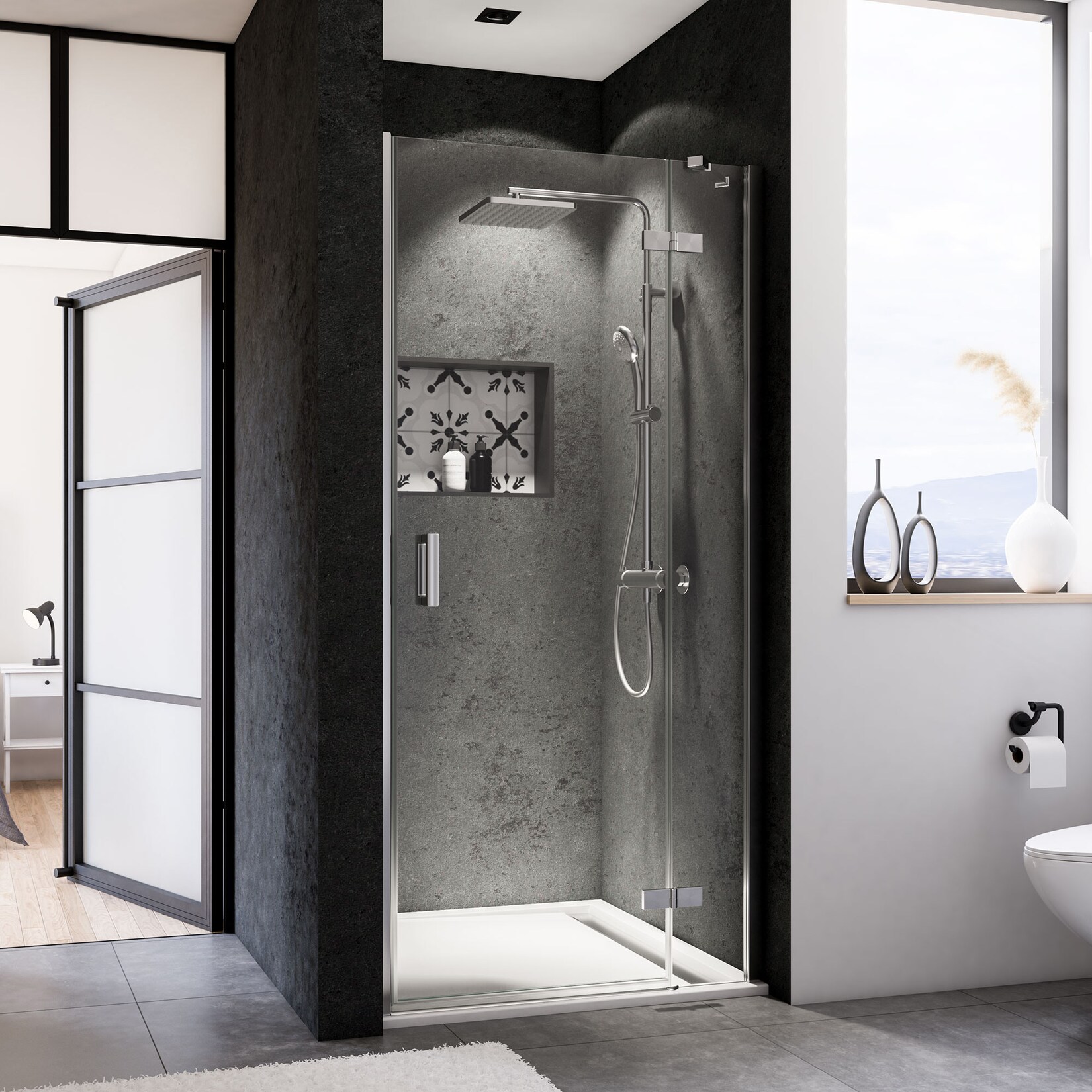 Breuer Panorama Drehtür + Festteil (Anschlag rechts) für Nische alu chromeffekt Klarglas 900 mm | 04062963338565