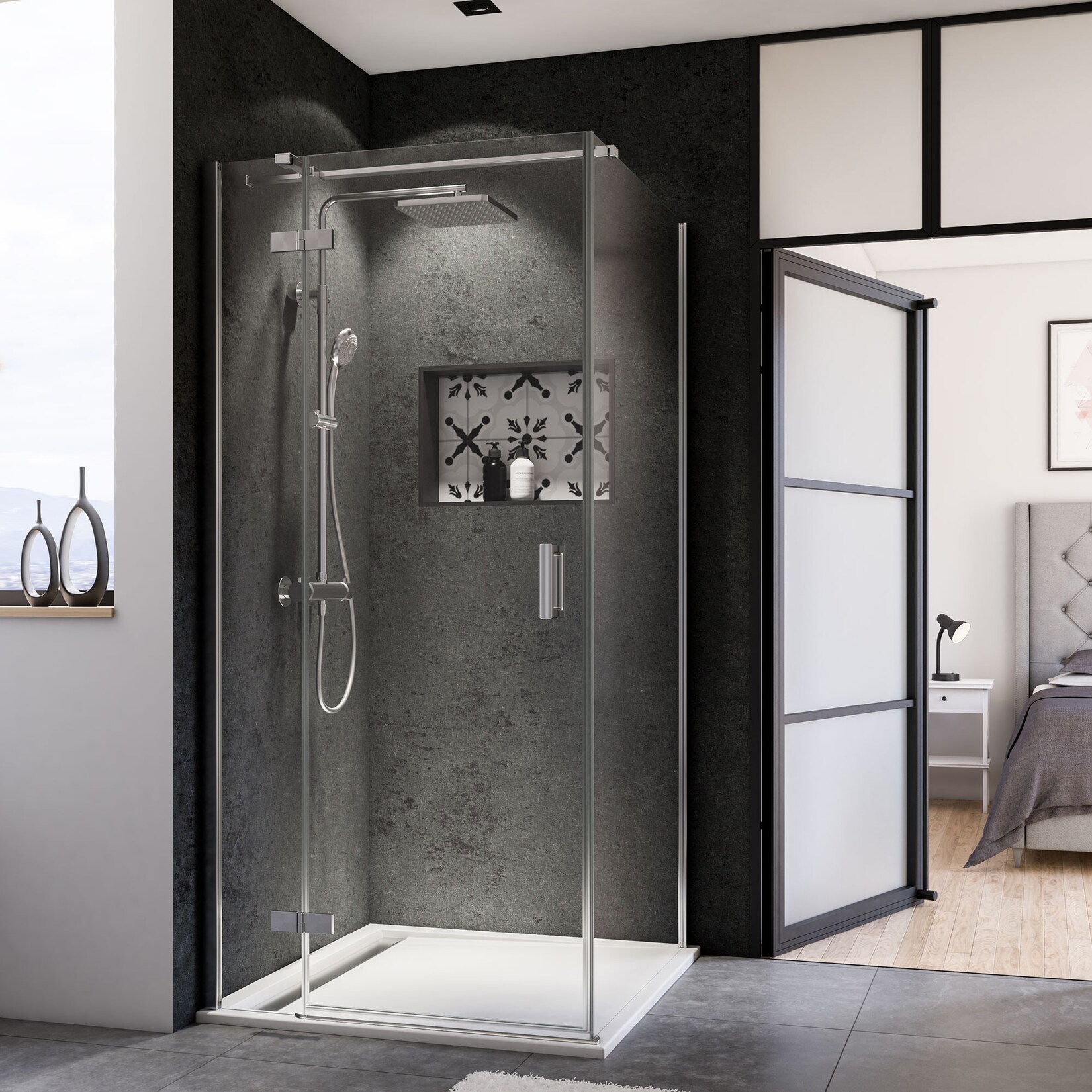 Breuer Panorama Drehtür + Festteil (Anschlag links) für Seitenwand alu chromeffekt Klarglas 900 mm | 04062963338572