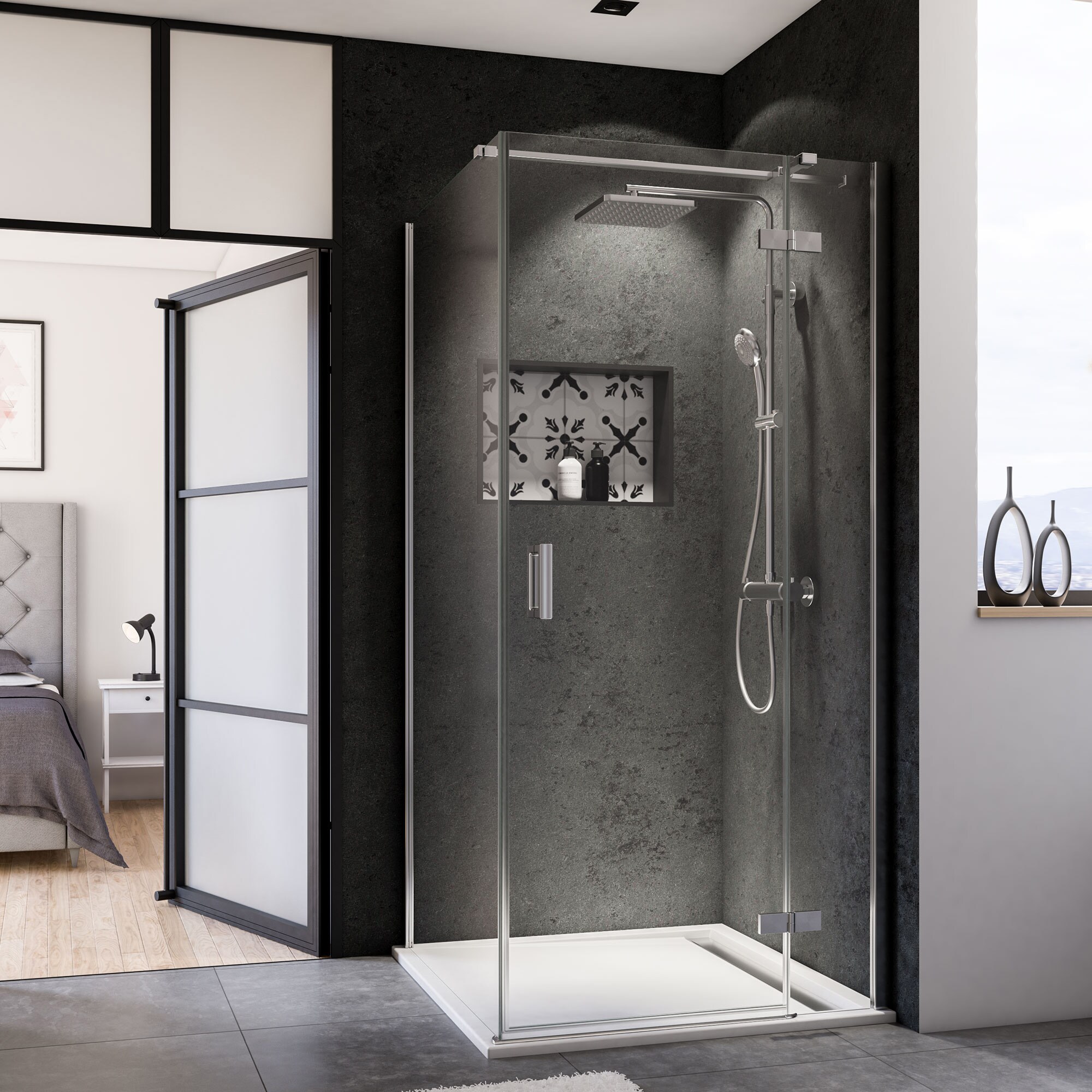 Breuer Panorama Dreht&uuml;r + Festteil (Anschlag rechts) f&uuml;r Seitenwand alu chromeffekt Klarglas 900 mm - Bild 1