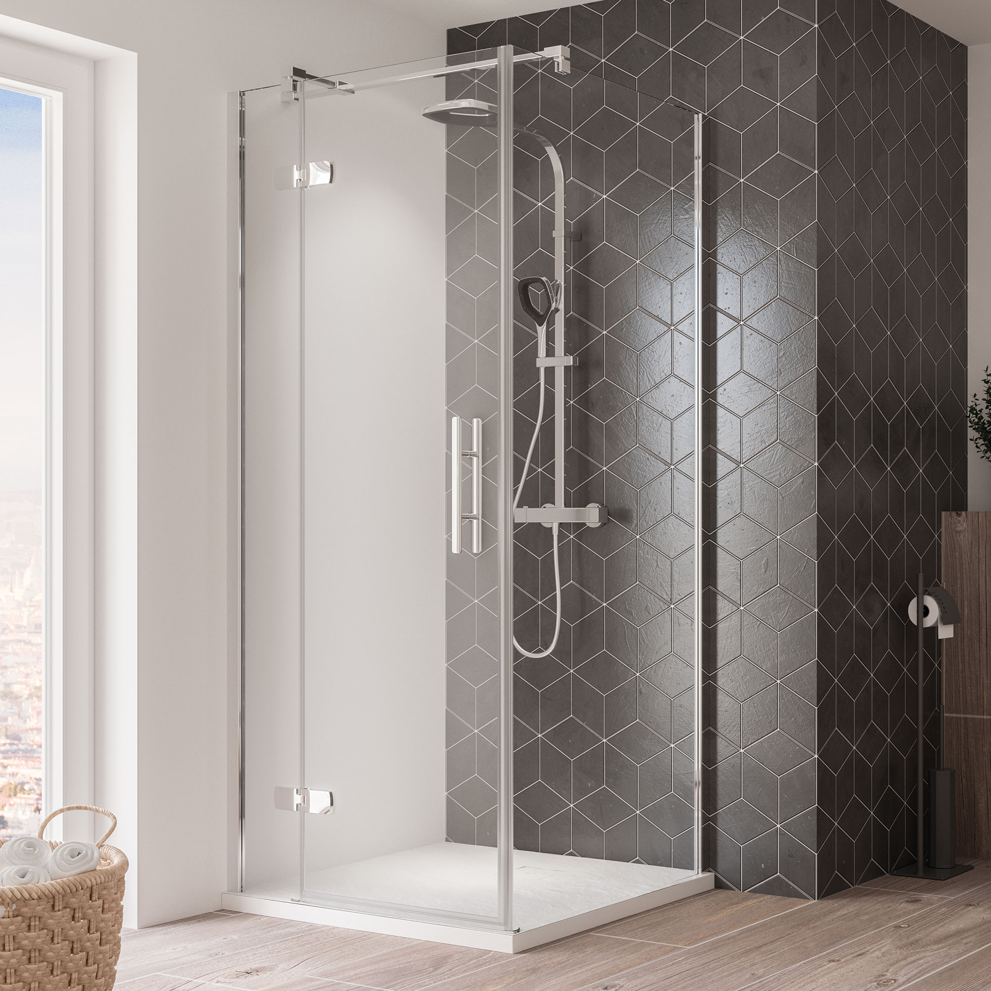 Breuer Avanta Dreht&uuml;r + Festteil (Anschlag links) f&uuml;r Seitenwand alu chromeffekt Klarglas 900 mm - Bild 1