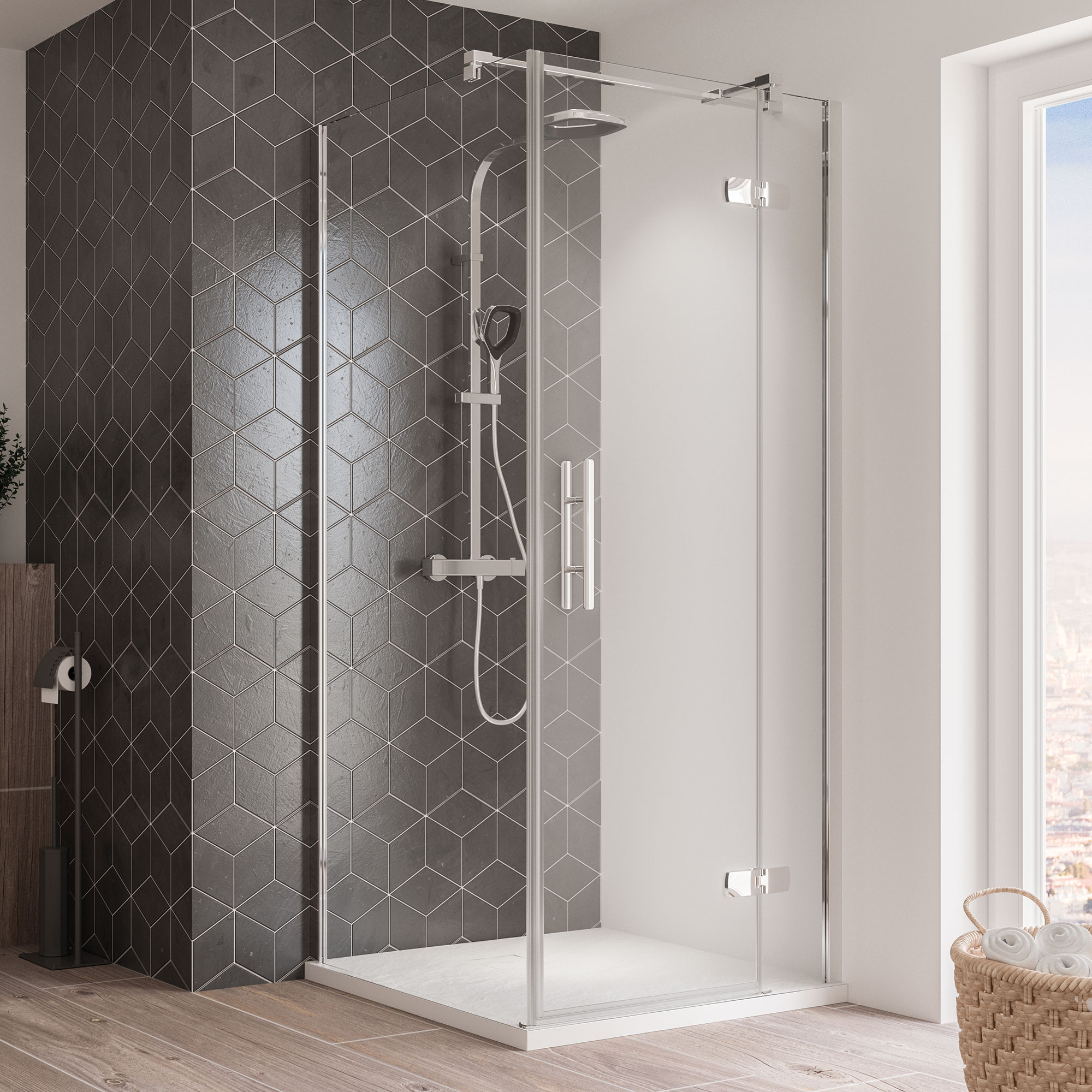 Breuer Avanta Dreht&uuml;r + Festteil (Anschlag rechts) f&uuml;r Seitenwand alu chromeffekt Klarglas 900 mm - Bild 1