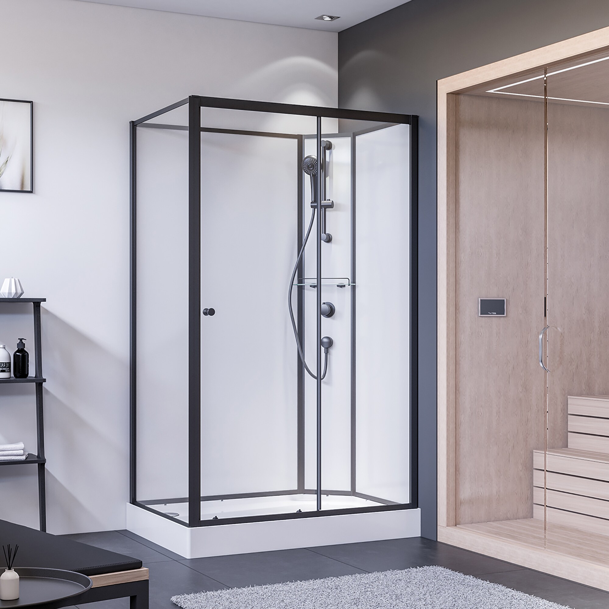 Breuer Schiebet&uuml;r + Seitenwand Klarglas hell R&uuml;ckw&auml;nde wei&szlig; Anschlag rechts 900/1200 schwarz matt - Bild 1