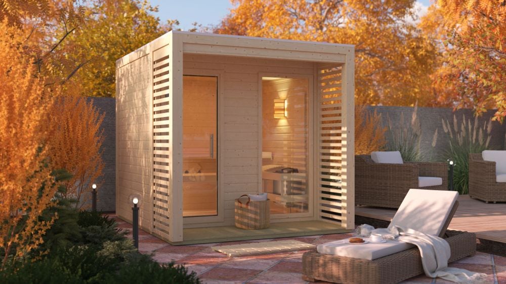 Karibu 38 mm Saunahaus Angelia 1-3 Saunaofen mit eingebauter Steuerung 9 kW naturbelassen Set - Bild 1
