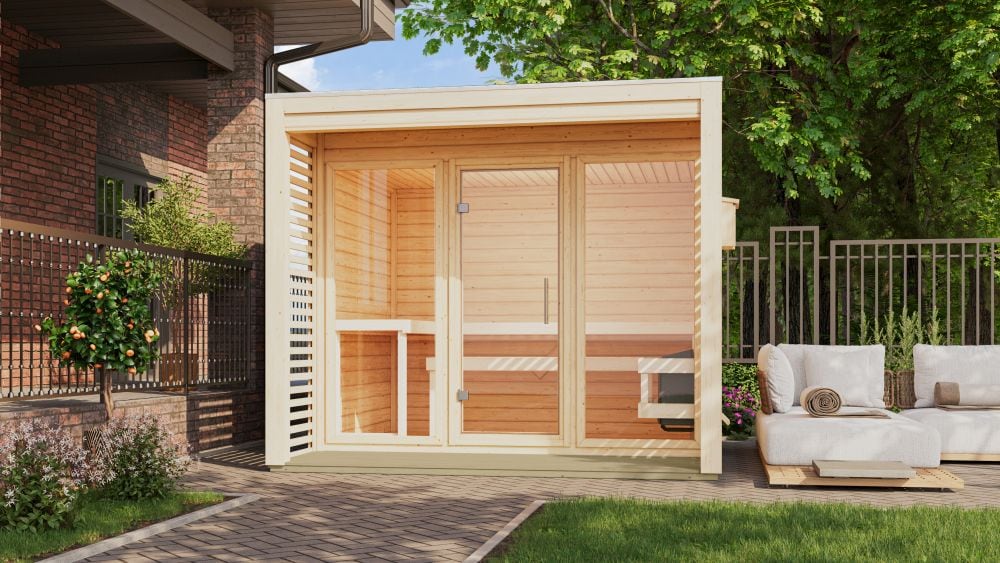 Karibu 38 mm Saunahaus Angelia 1-3 Saunaofen mit eingebauter Steuerung 9 kW naturbelassen Set - Bild 1