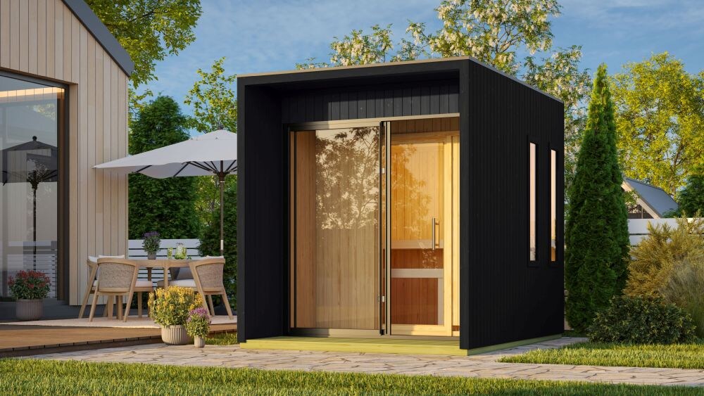 Karibu 73 mm Saunahaus Isidora inkl. Saunaofen mit eingebauter Steuerung 9 kW naturbelassen oder schwarz - Bild 1
