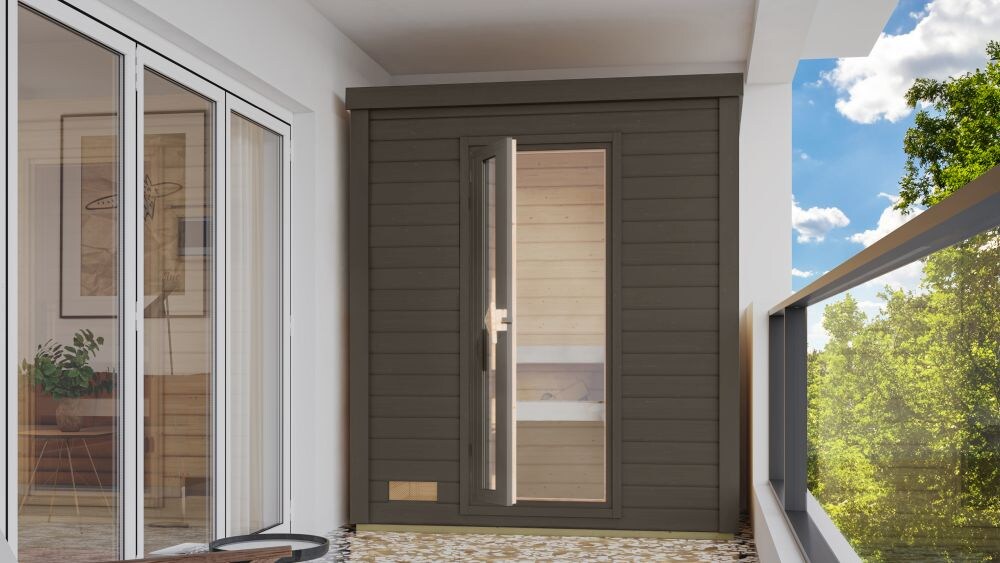 Karibu 38mm Saunahaus Melo 0 terragrau inkl. Ofen 9 kW integr. Strg - Bild 1