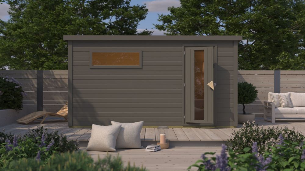 Karibu 38mm Saunahaus Melo 6 terragrau inkl. Ofen 9 kW integr. Strg - Bild 1