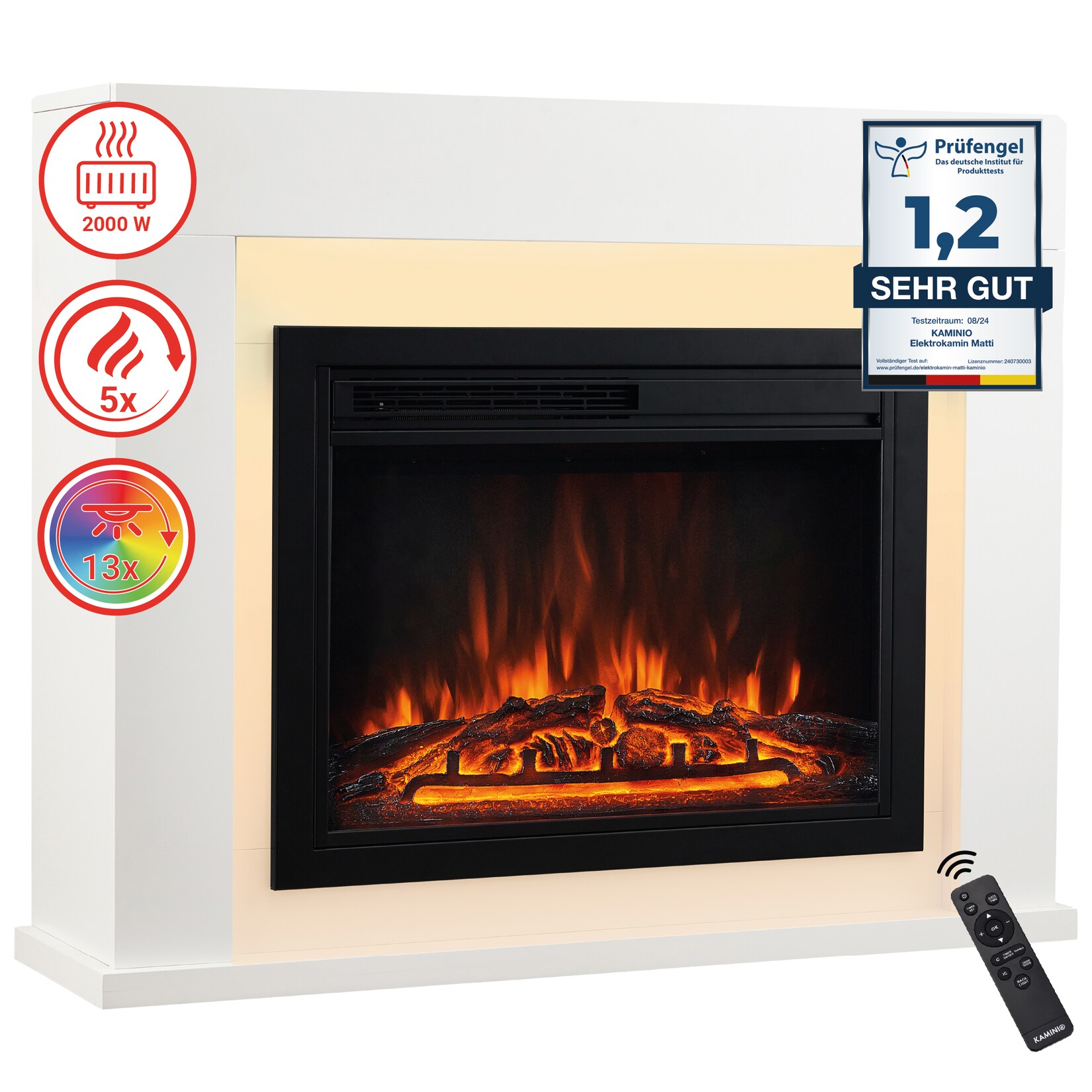 KAMINIO Elektrokamin MATTI – Elektrischer Standkamin mit Heizung, 3D-Flammeneffekt, LED-Ambientelicht, Fernbedienung – Weiß | 04262480470018