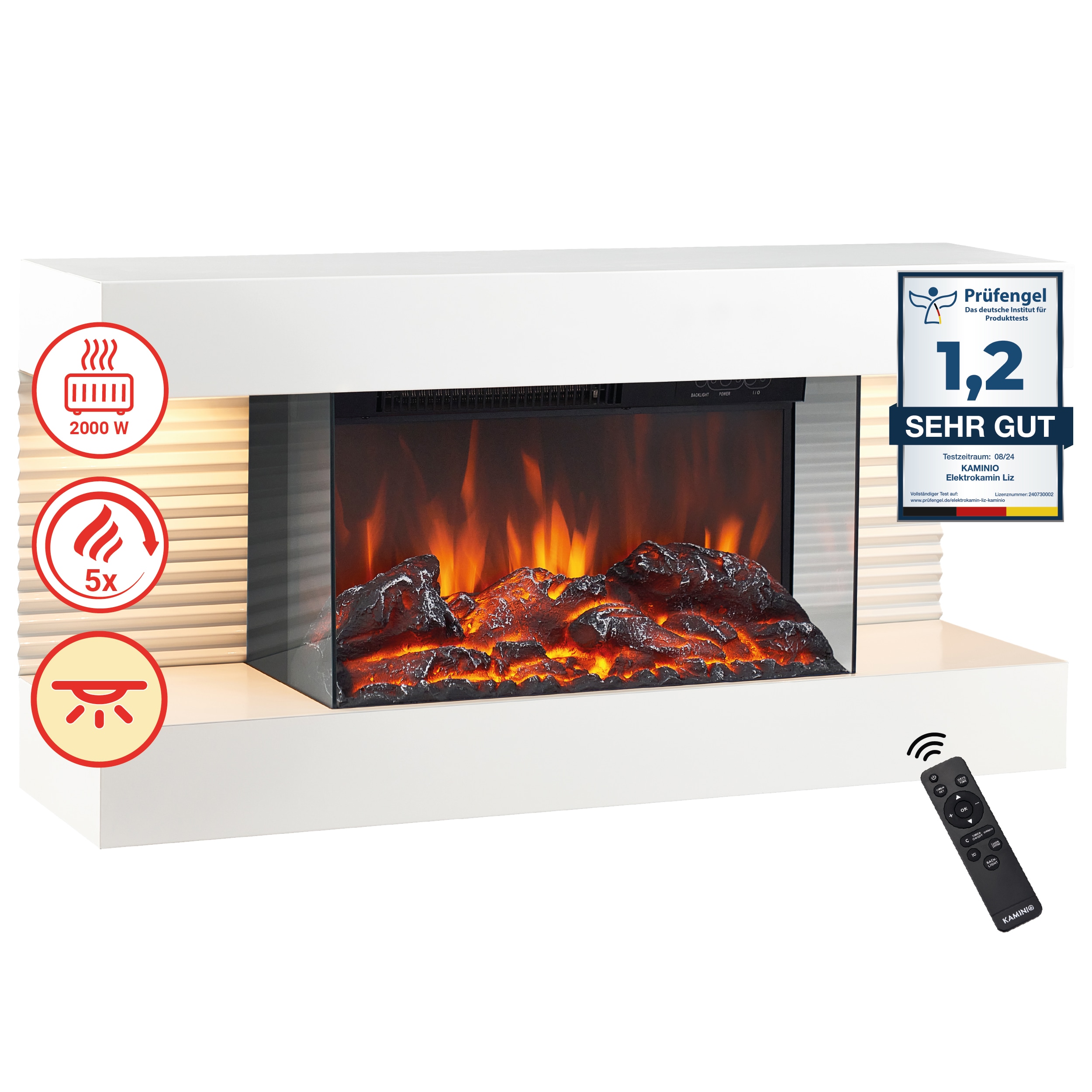 KAMINIO Elektrokamin LIZ - Elektrischer Wandkamin mit Heizung, 3D-Flammeneffekt, LED-Ambientelicht, Fernbedienung - Wei&szlig; - Bild 1