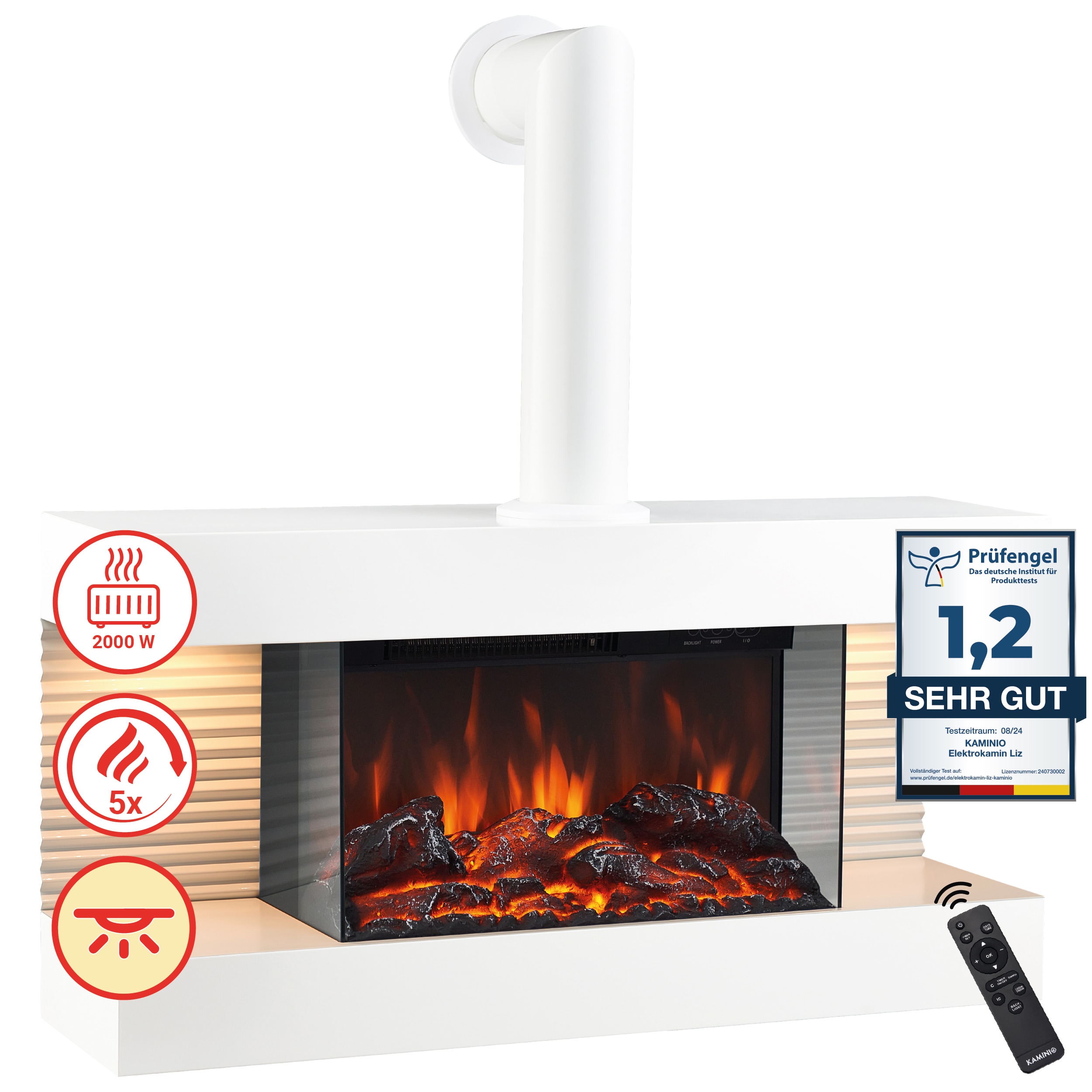 KAMINIO Elektrokamin LIZ mit Abzugsrohr - Elektrischer Wandkamin mit Heizung, 3D-Flammeneffekt, LED-Ambientelicht, Fernbedienung - Wei&szlig; - Bild 1