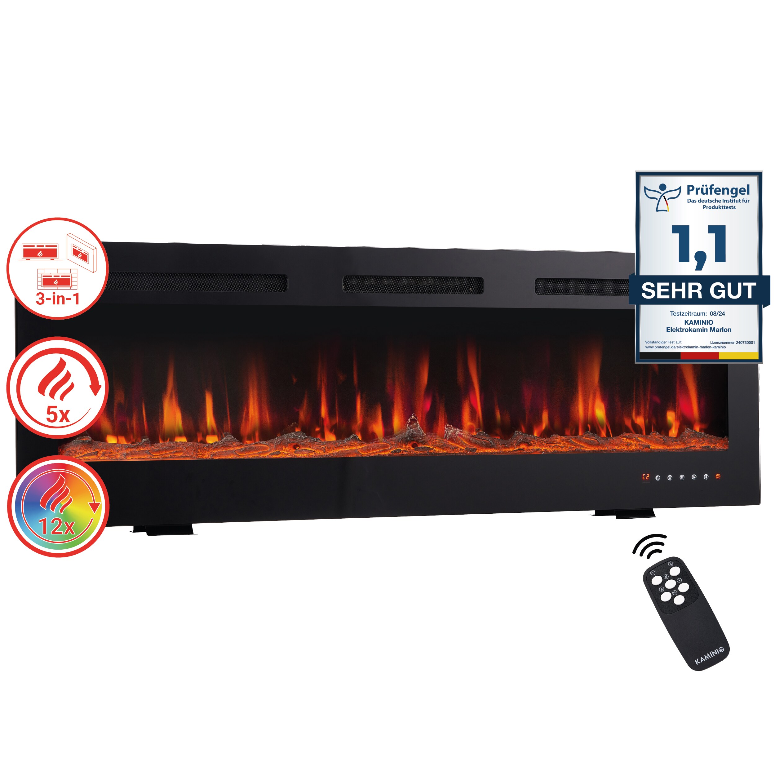 KAMINIO Elektrokamin MARLON - Elektrischer 3-in-1 Kamin mit Heizung, 3D-Flammeneffekt, 12 Flammenfarben, Fernbedienung - 60 Zoll - Bild 1