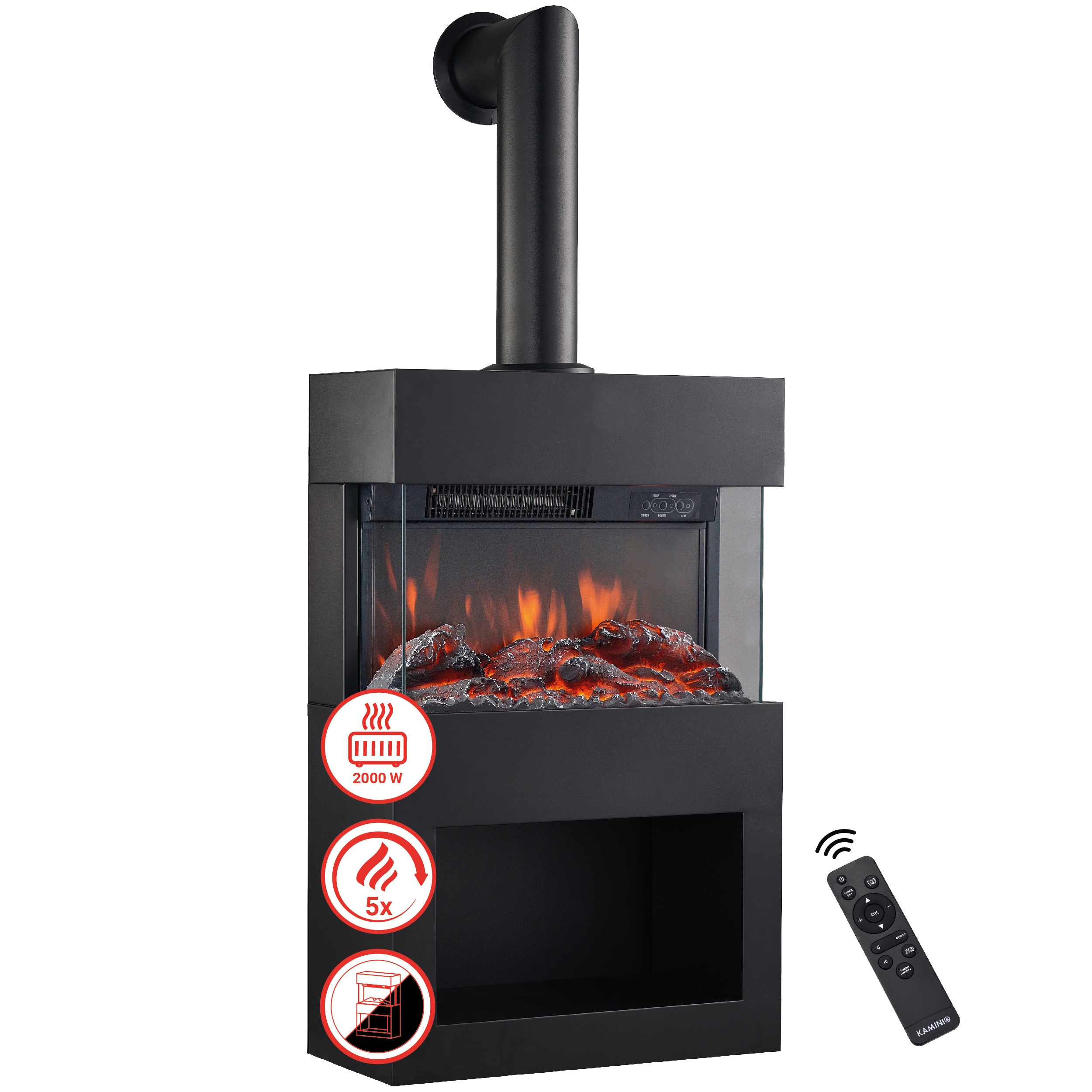 KAMINIO Elektrokamin HENRI - Mit Abzugsrohr - Elektrischer Kaminofen mit Heizung, 3D-Flammeneffekt, Holzfach, Fernbedienung - Schwarz - Bild 1