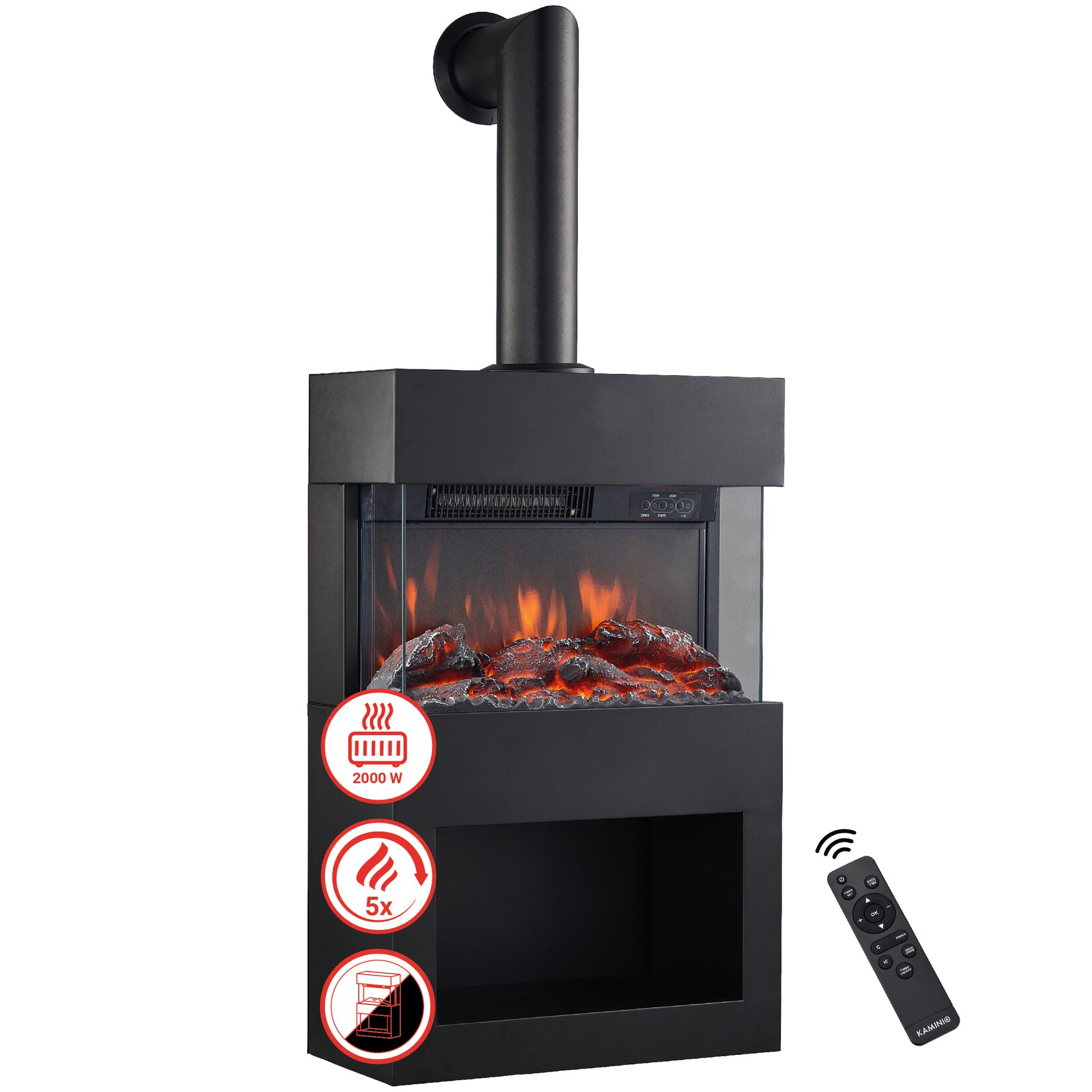 KAMINIO Elektrokamin HENRI – Mit Abzugsrohr – Elektrischer Kaminofen mit Heizung, 3D-Flammeneffekt, Holzfach, Fernbedienung – Schwarz | 04262480470742