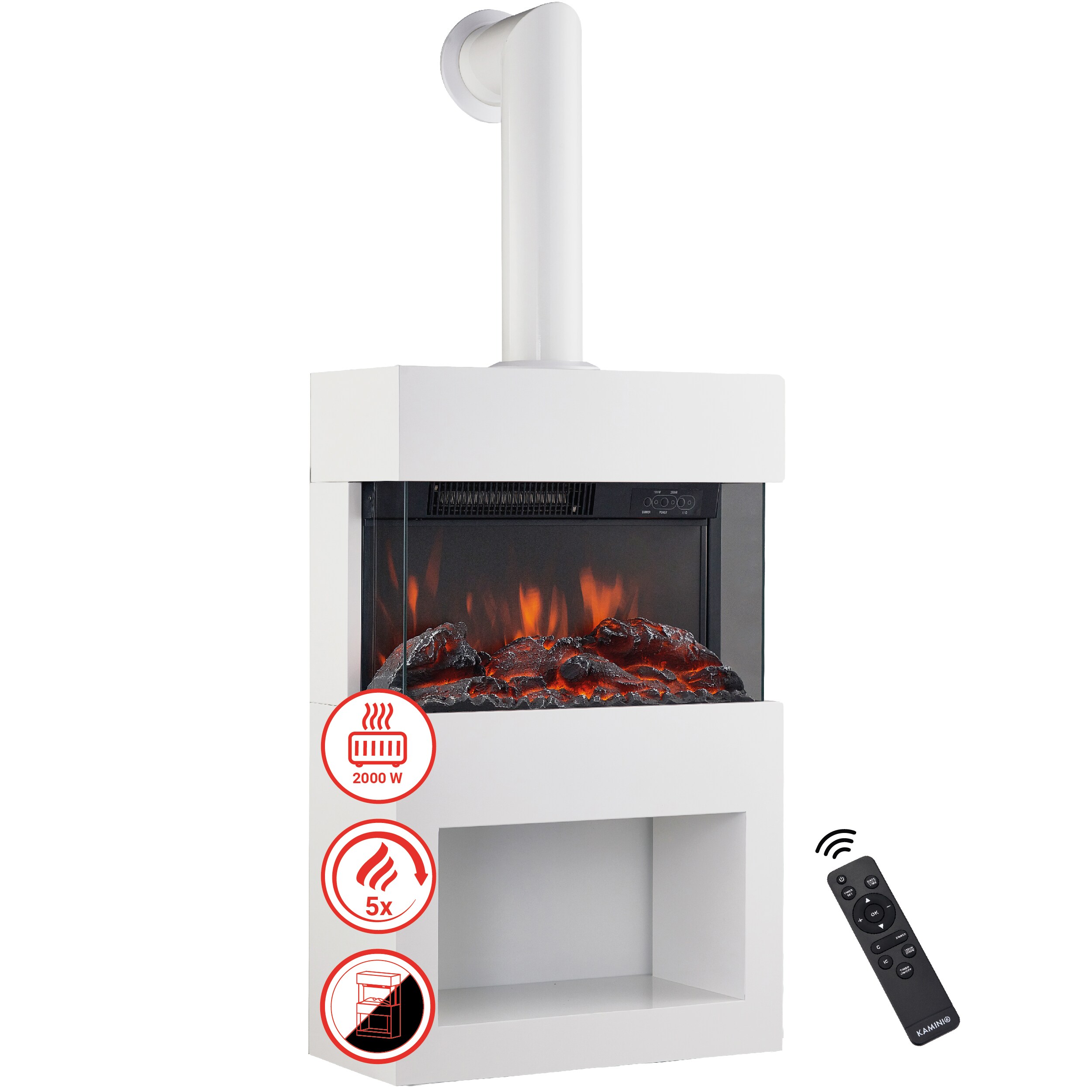 KAMINIO Elektrokamin HENRI - Mit Abzugsrohr - Elektrischer Kaminofen mit Heizung, 3D-Flammeneffekt, Holzfach, Fernbedienung - Wei&szlig; - Bild 1