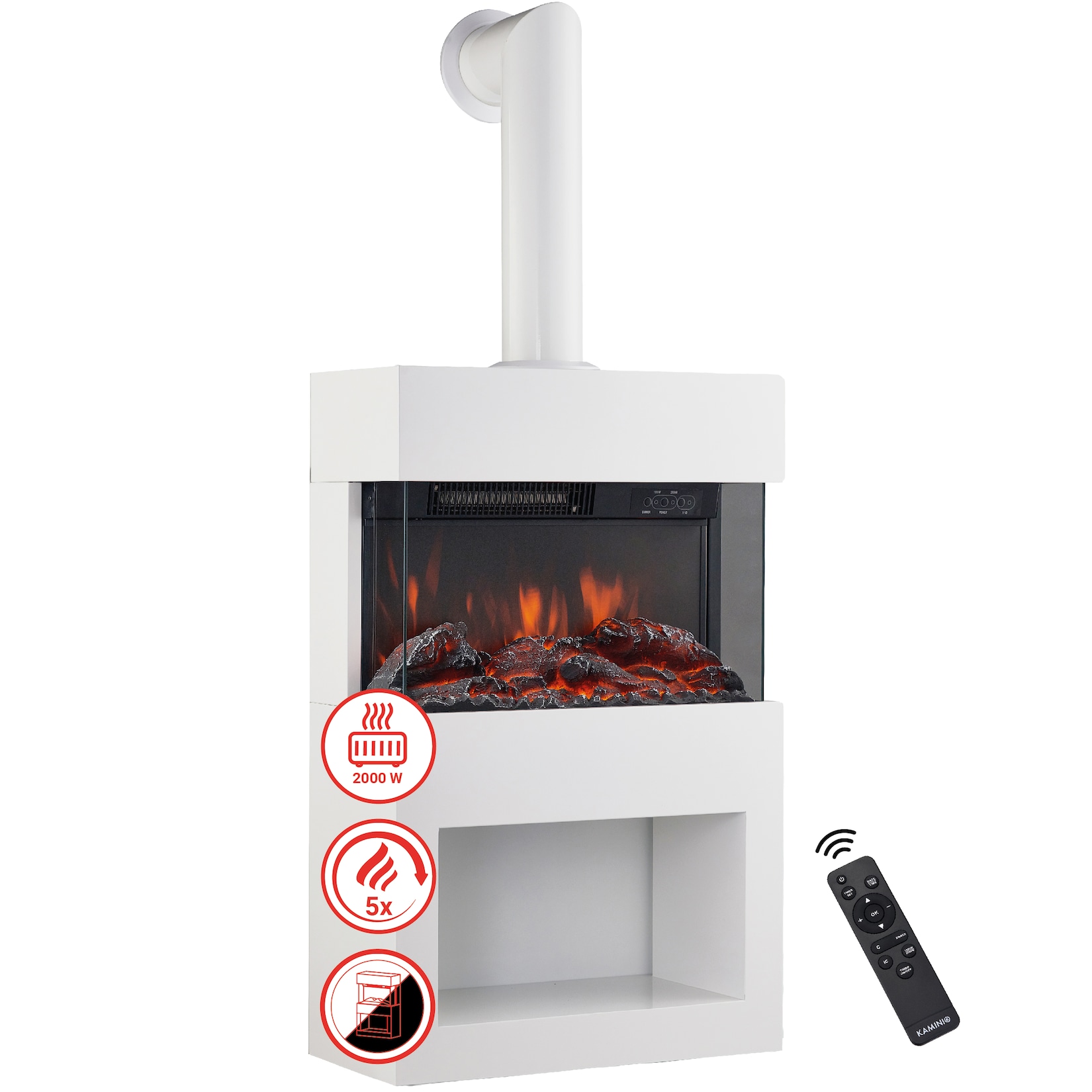 KAMINIO Elektrokamin HENRI – Mit Abzugsrohr – Elektrischer Kaminofen mit Heizung, 3D-Flammeneffekt, Holzfach, Fernbedienung – Weiß | 04262480470735