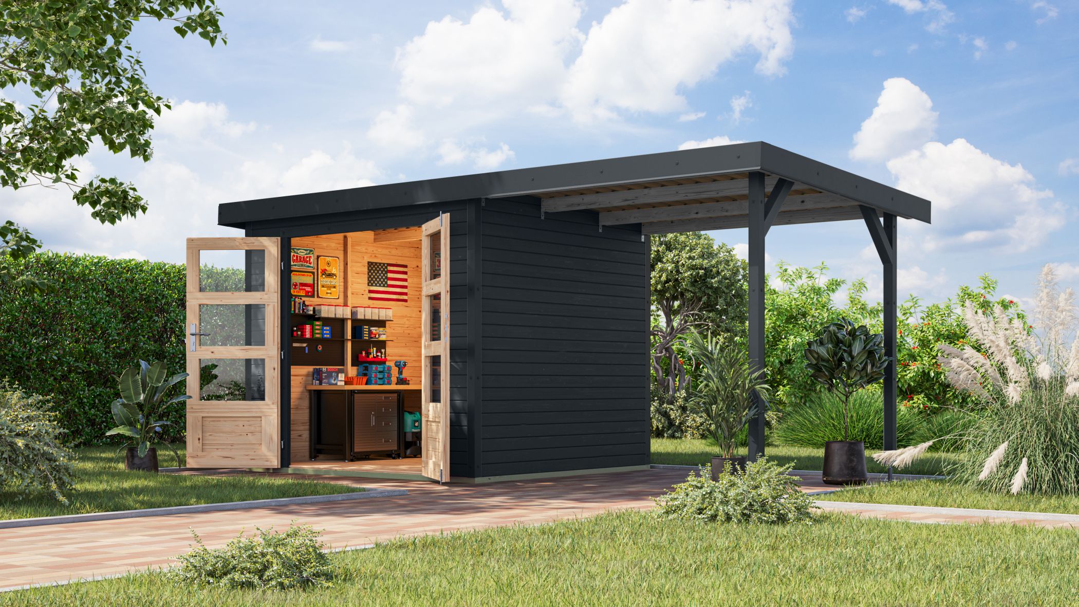 Karibu Gartenhaus Hollywood in versch. Gr&ouml;&szlig;en und Farben, opt. mit Anbaudach - Bild 1