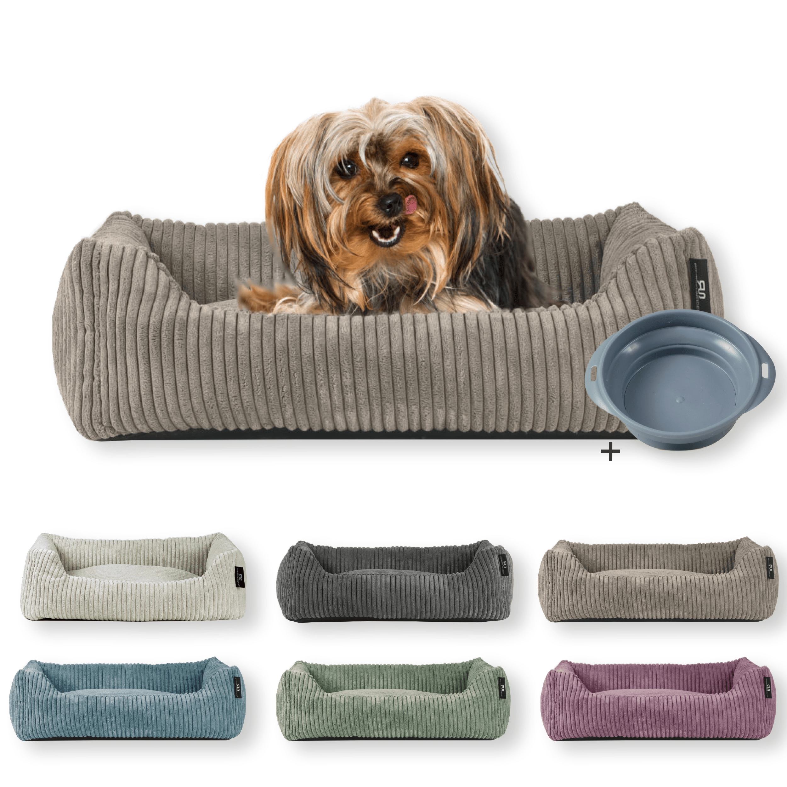 Rohrschneider Tierbett Cordstoff breit Gr. 1 taupe + faltbarer Reisenapf - Bild 1