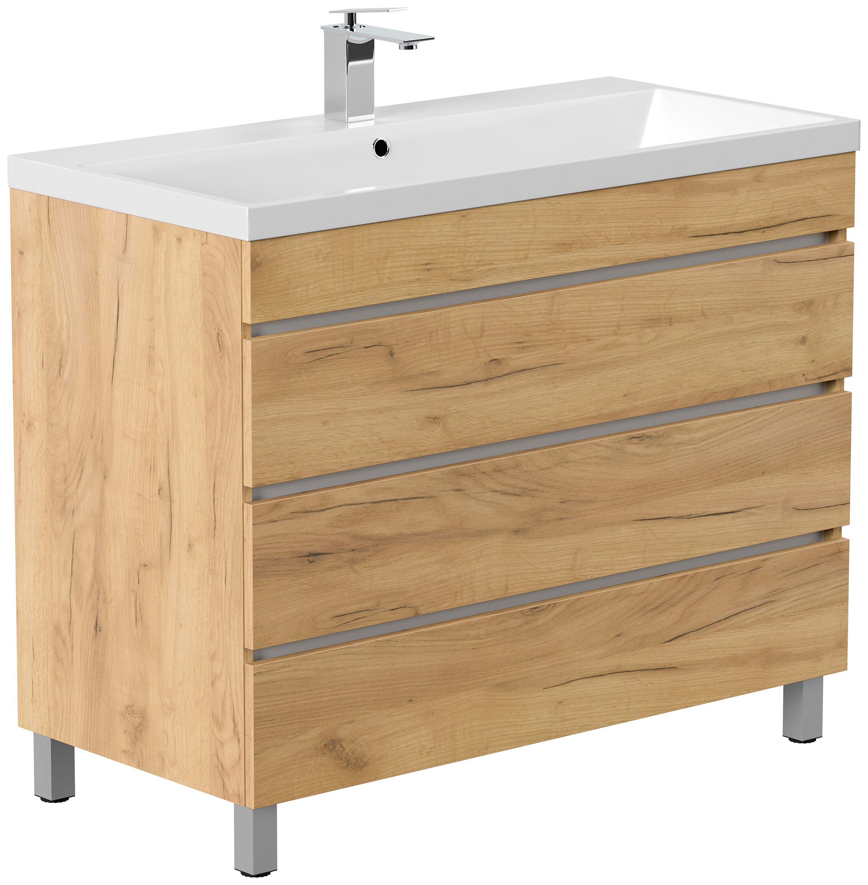 Stand Badm&ouml;bel Fellini 100 SoftClose eiche gold mit drei grifflosen Schubladen - Bild 1