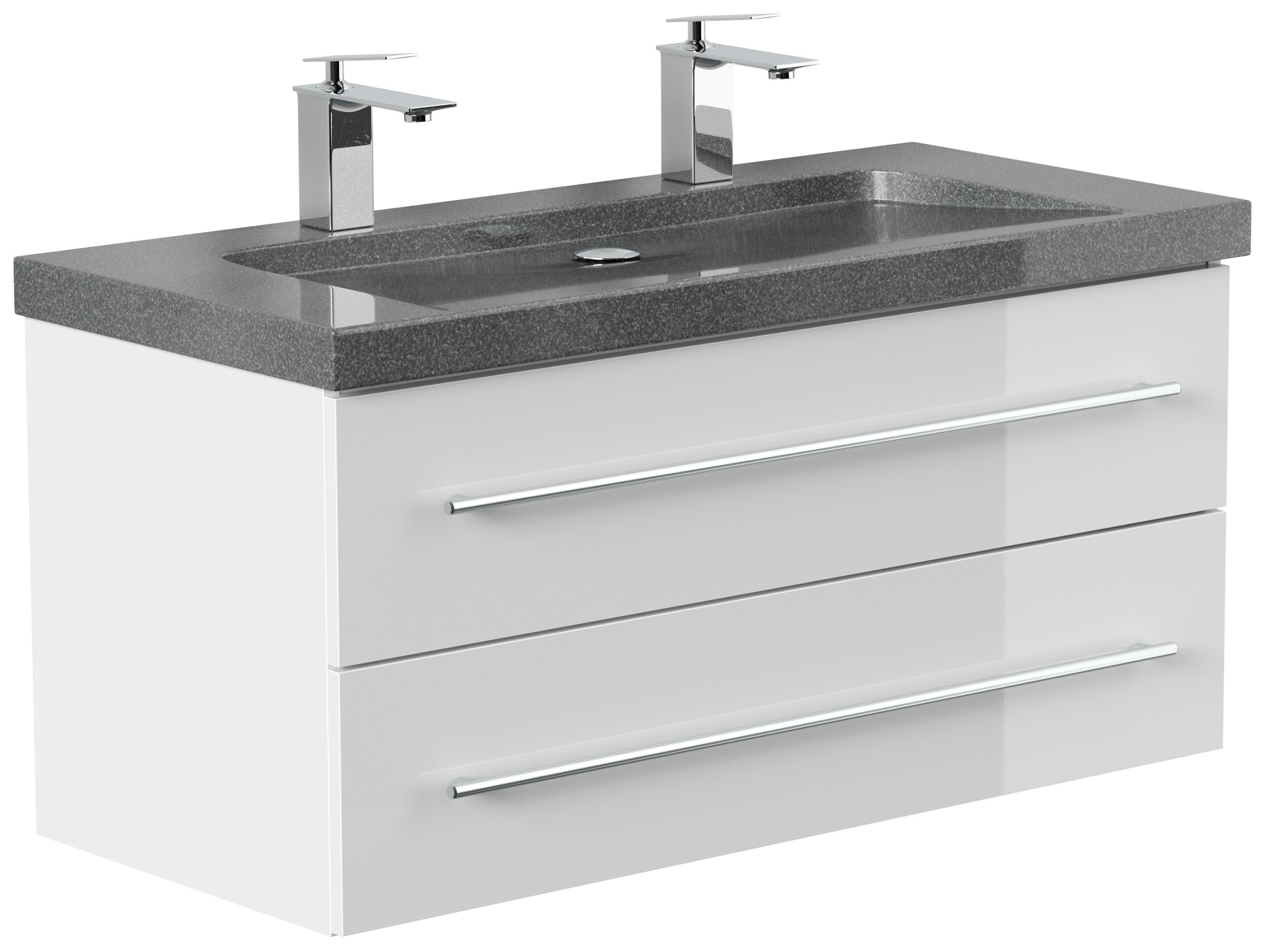 Badm&ouml;bel Granit G654 YAMO 100 cm 2 Hahnl&ouml;cher SoftClose wei&szlig; hochglanz - Bild 1