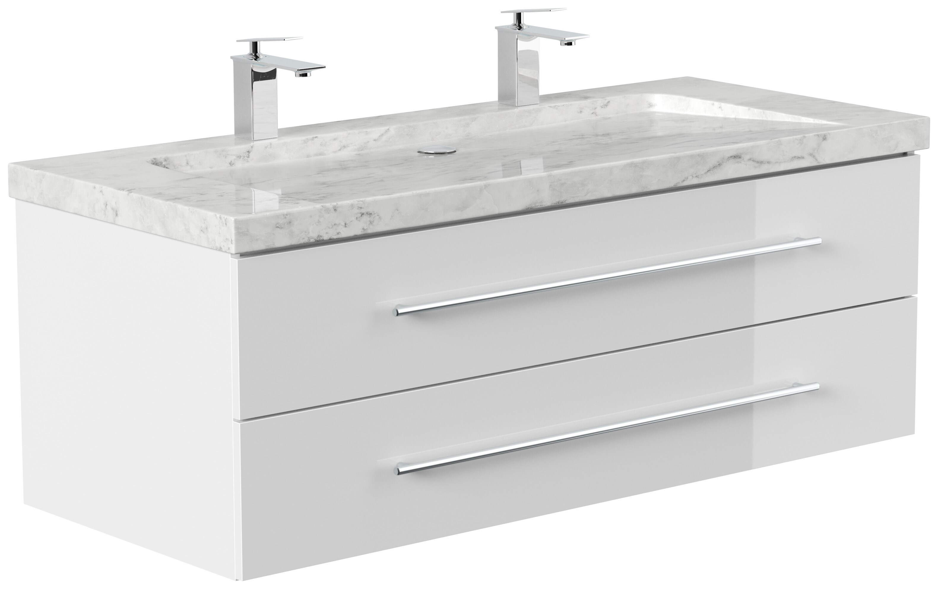Badm&ouml;bel Marmor Carrara White YAMO 130 cm 2 Hahnl&ouml;cher SoftClose wei&szlig; hochglanz - Bild 1