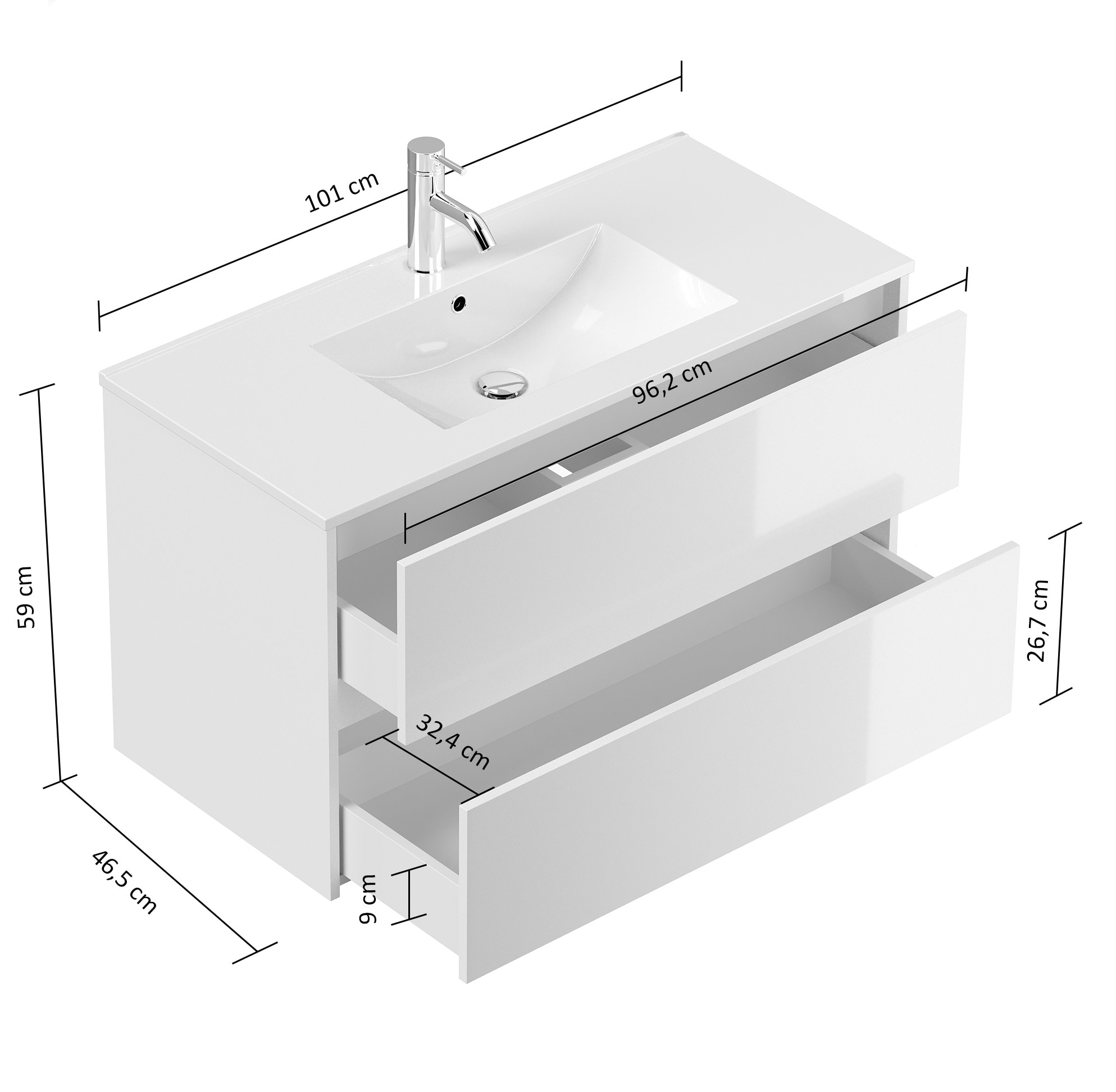 Badm&ouml;bel Limes & Waschtisch 100cm 2 Greifraum SoftClose Ausz&uuml;ge wei&szlig; Hgl - Bild 1