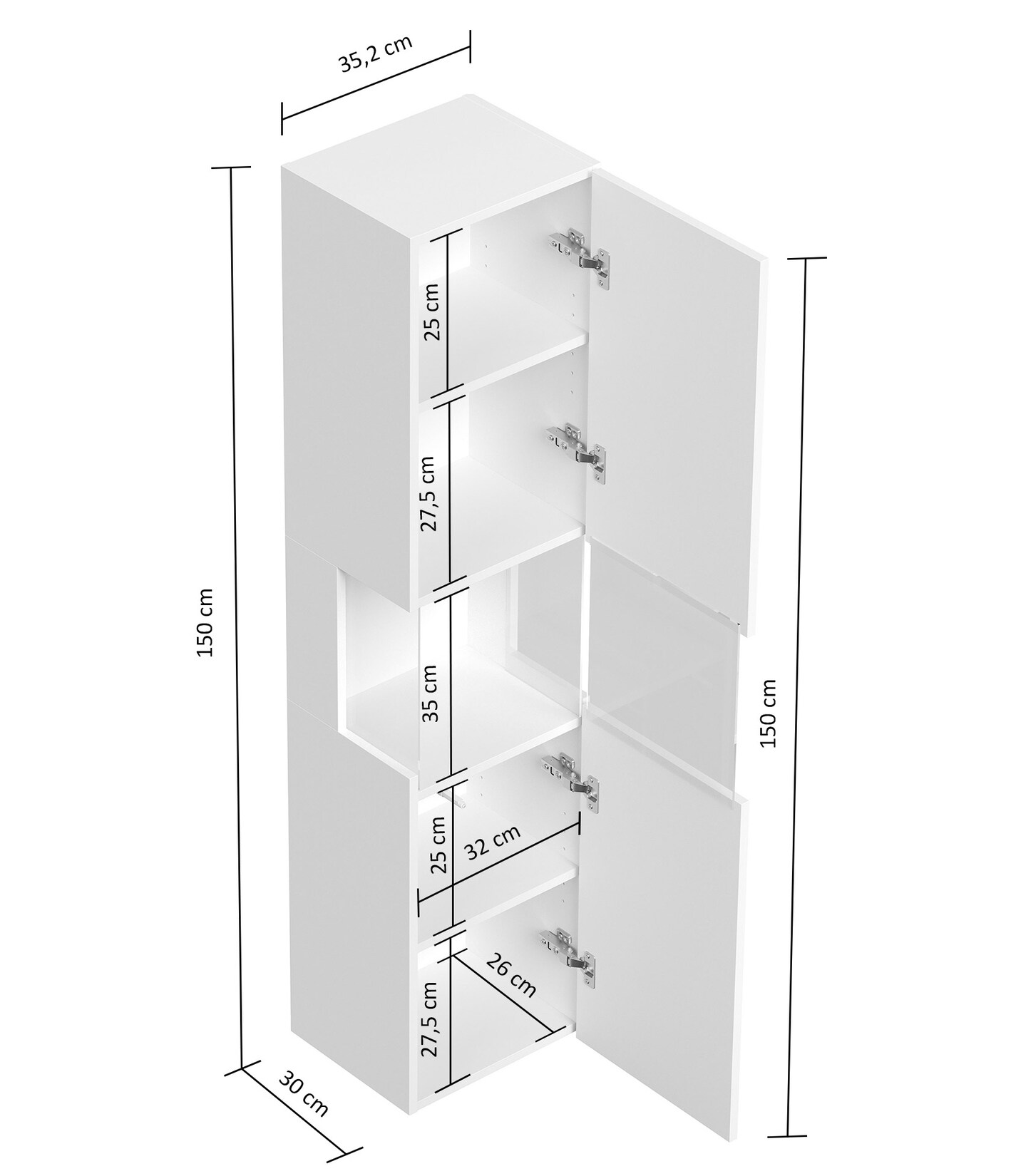 Badezimmer Hochschrank 150cm Softclose Wandmontage Glaselement weiß Hgl