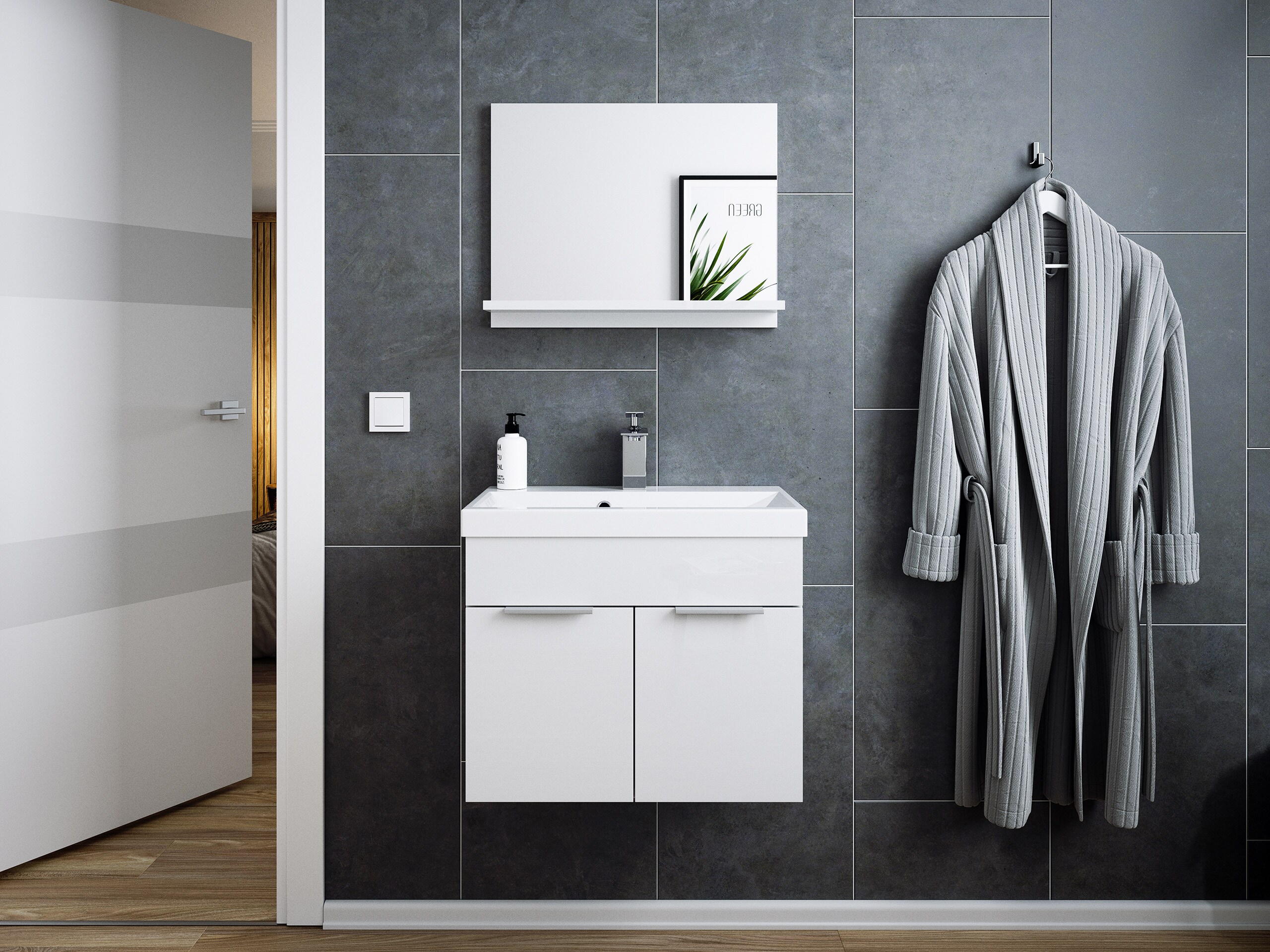 Badm&ouml;bel-Set Slimline Lago 2tlg mit Spiegel weiss hochglanz/weiss matt - Bild 1