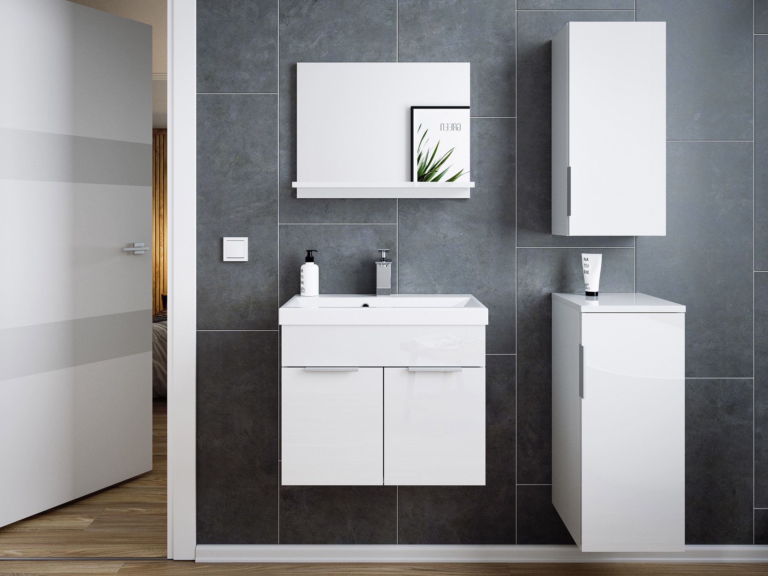 Badm&ouml;bel-Set Slimline Lago 4tlg Spiegel & Midischr&auml;nke weiss hgl/weiss matt - Bild 1