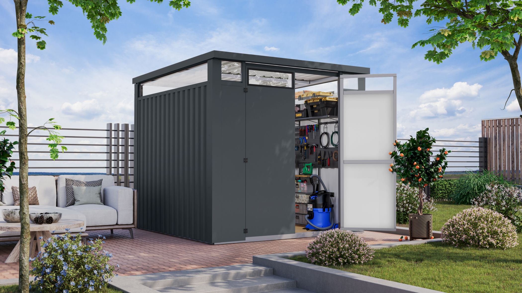 Karibu Gartenhaus Superline XXL im Set mit Anbaudach 2,25 m anthrazit - Bild 1