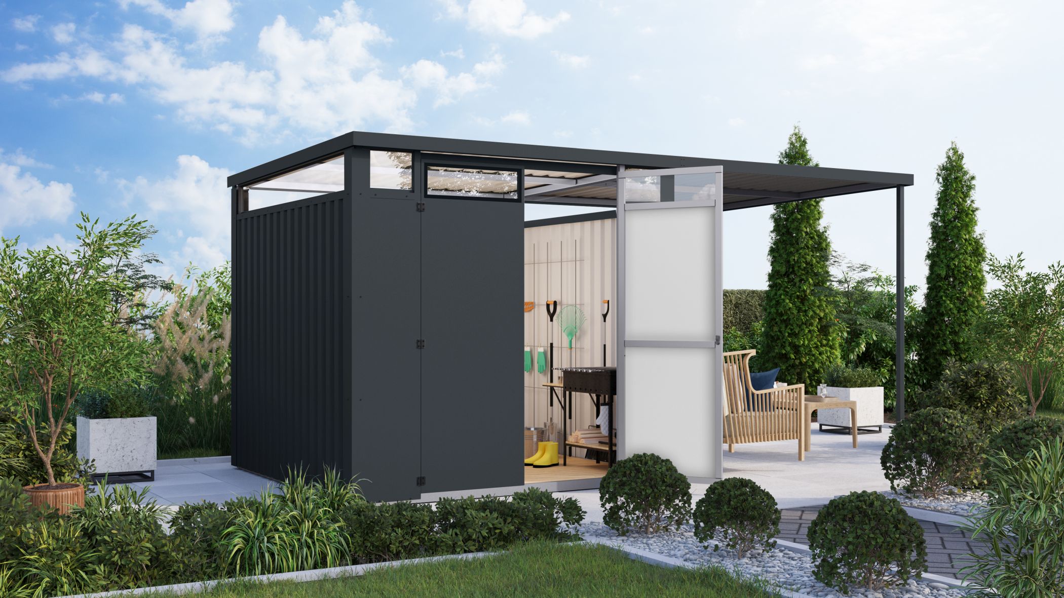 Karibu Gartenhaus Superline XXL im Set mit Anbaudach 2,25 m anthrazit - Bild 1