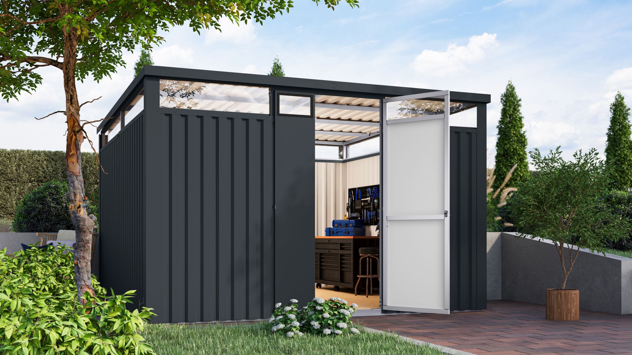 Karibu Gartenhaus Superline XXL im Set mit Anbaudach 2,25 m anthrazit - Bild 1