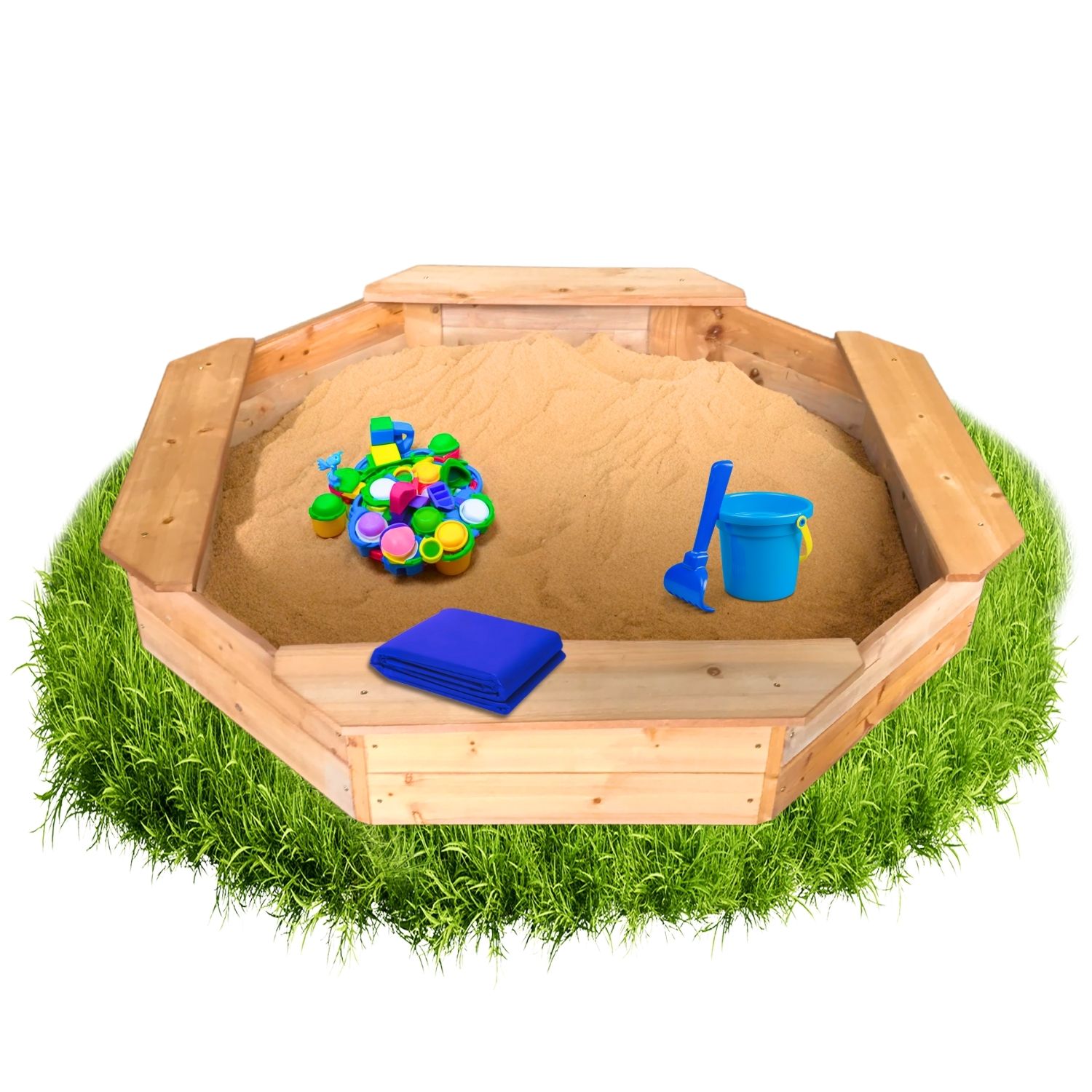 Coemo 8-eckiger Sandkasten Larry M Holz inkl. Abdeckplane + Bodenplane - Bild 1