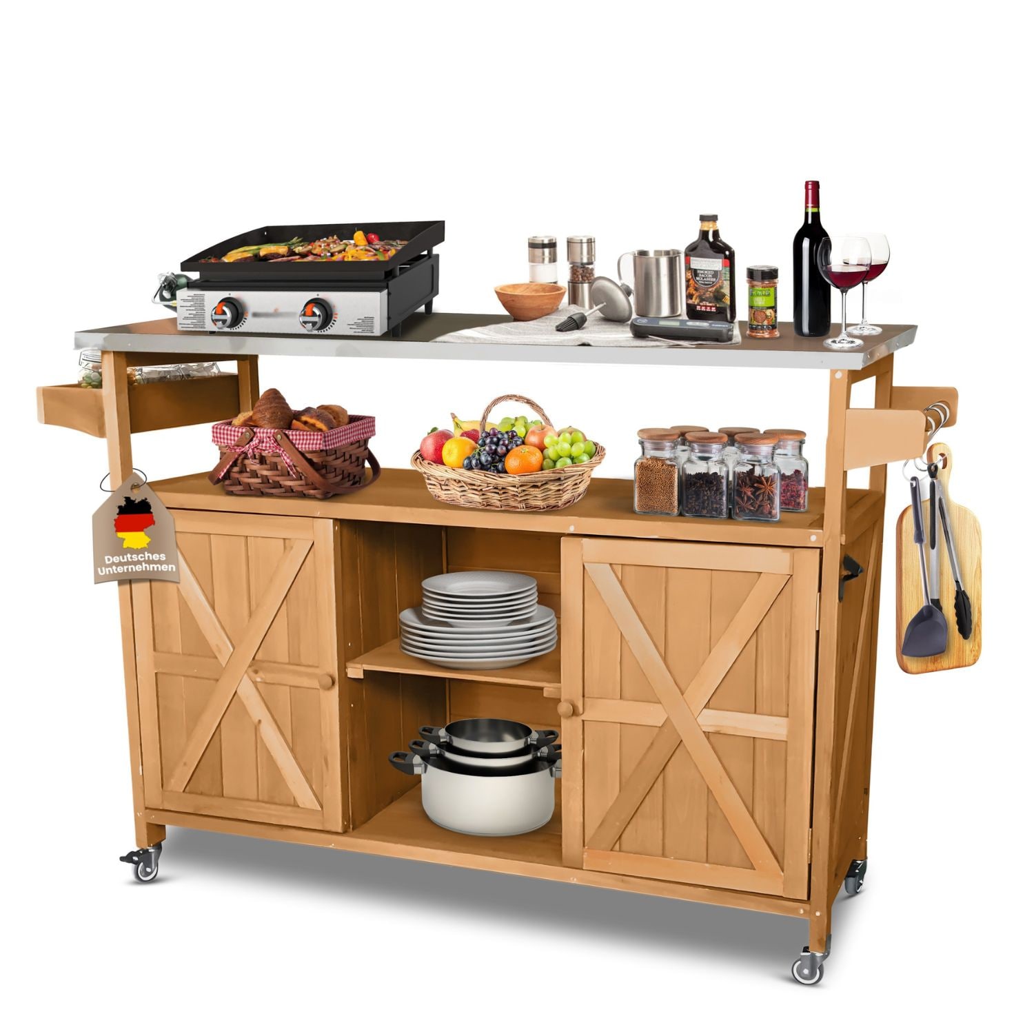 Coemo Servierwagen Grillstation James L K&uuml;cheninsel Holz, auf Rollen 138 x 47 x 92 cm - Bild 1