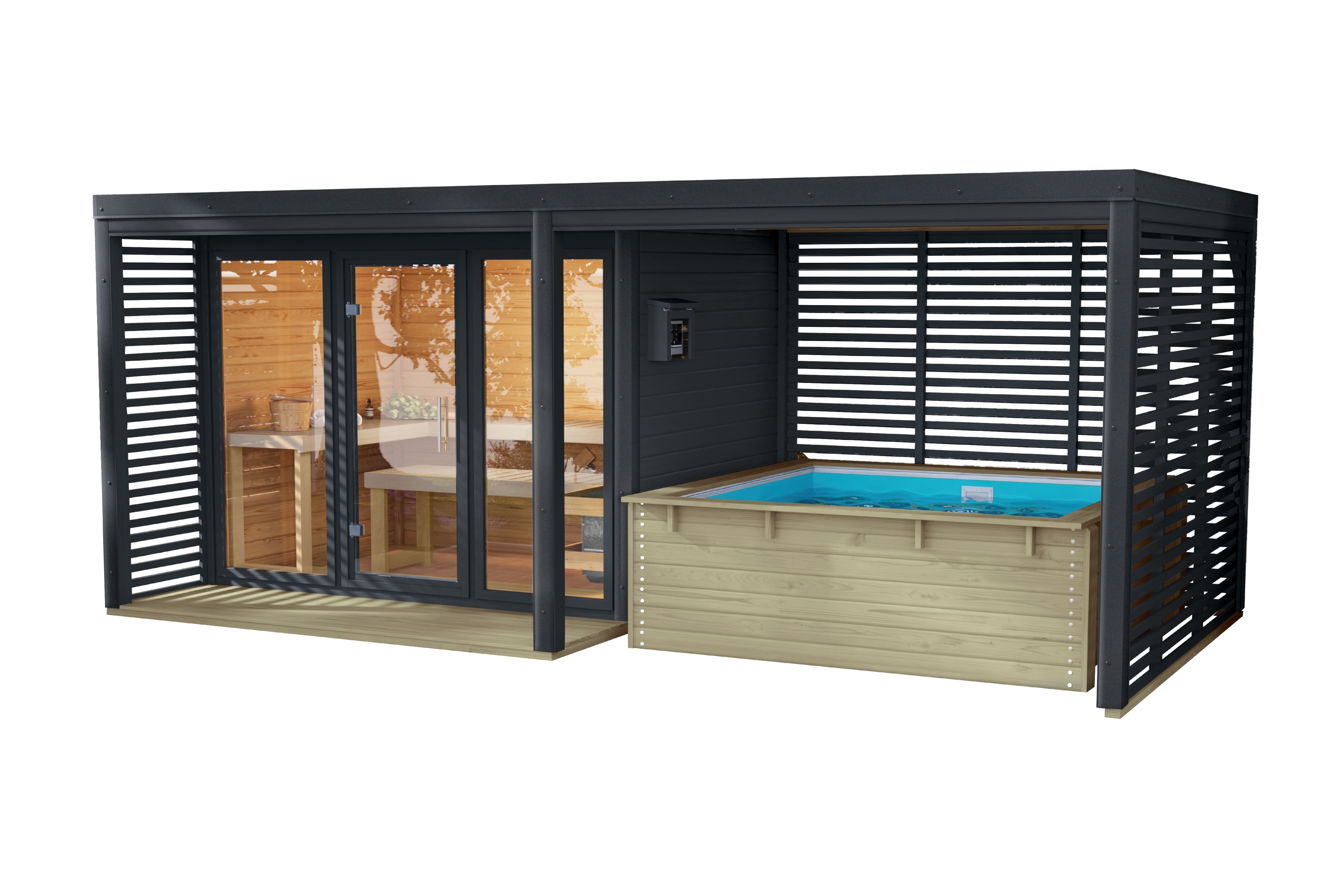 Karibu Saunahaus Angelus XL  mit Anbaudach und Minipool - Bild 1