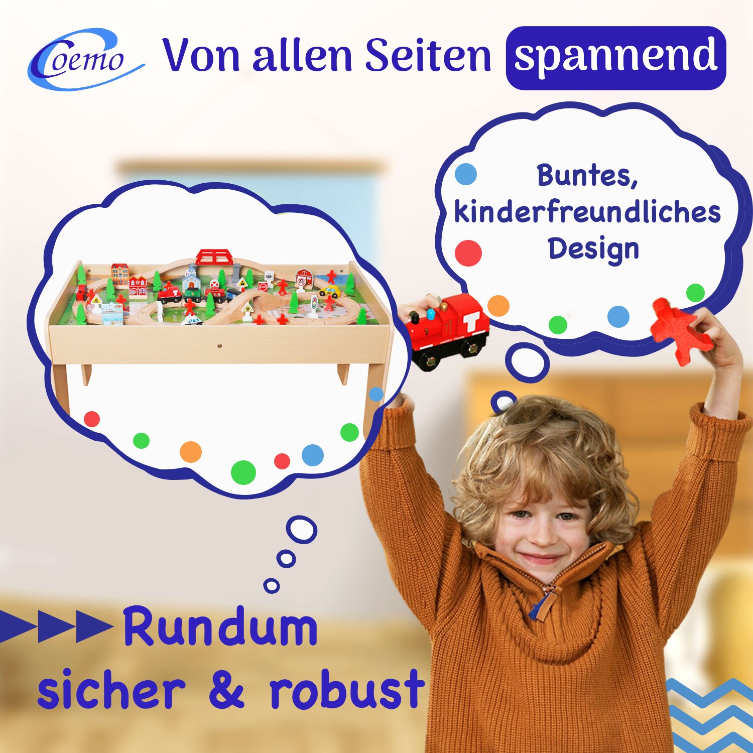 Coemo Spieltisch mit 90-tlg. Holzeisenbahn Farbe Natur