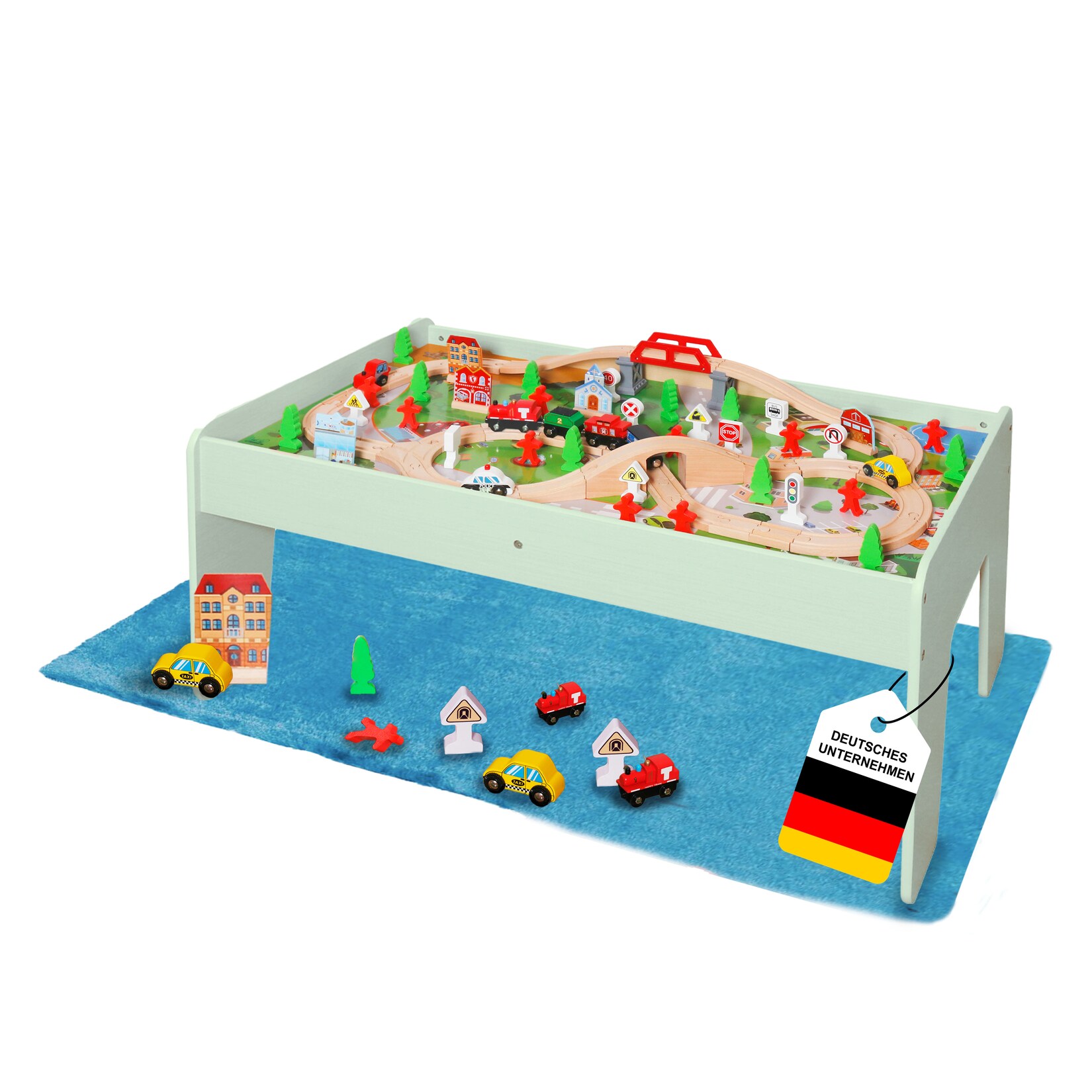 Coemo Spieltisch mit 90-tlg. Holzeisenbahn Farbe Mintgrün | 04262481832259