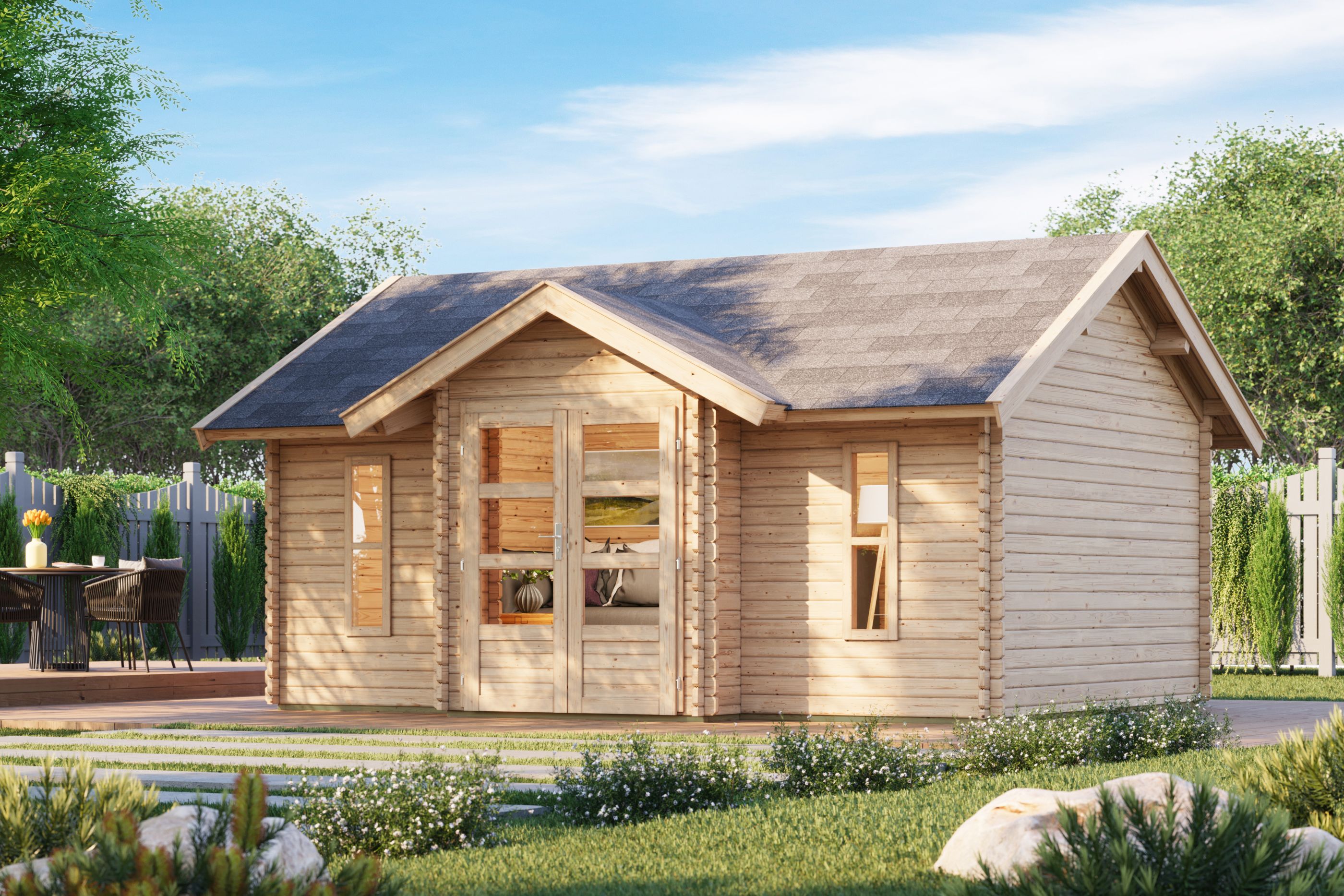 Karibu Gartenhaus "Sandstad" Blockbohlenhaus 38 mm Wandst&auml;rke Firsth&ouml;he 293cm Fl&auml;che 19m&sup2; inkl Fu&szlig;boden - Bild 1