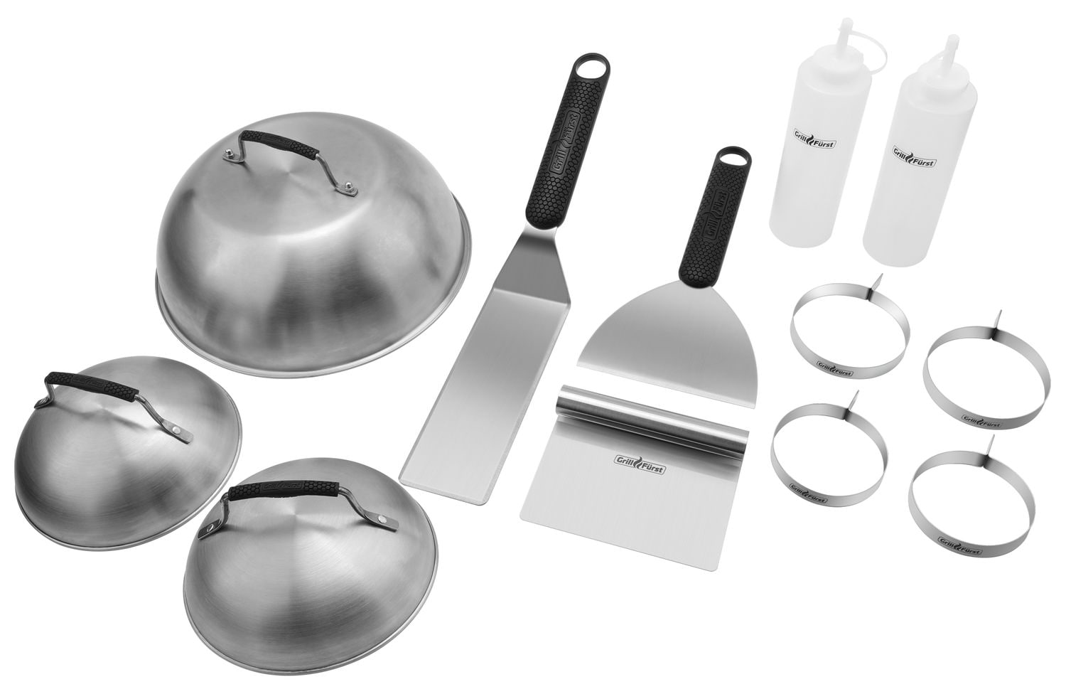 Grillf&uuml;rst Plancha-Set 12tlg. - Wender, Spachtel, Schaber, Burgerglocken, Bratringe und Squeezeflaschen - Bild 1