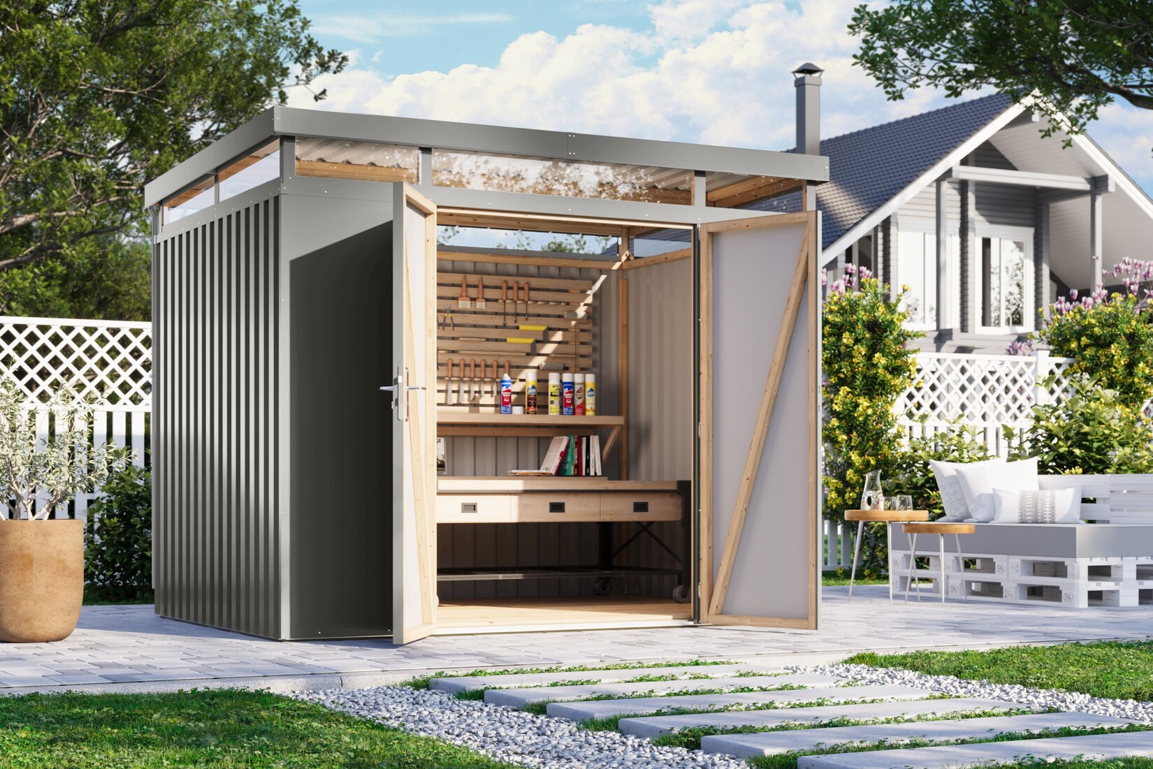 Metallgerätehaus Boldmere XXL im Set mit Anbaudach 2 m