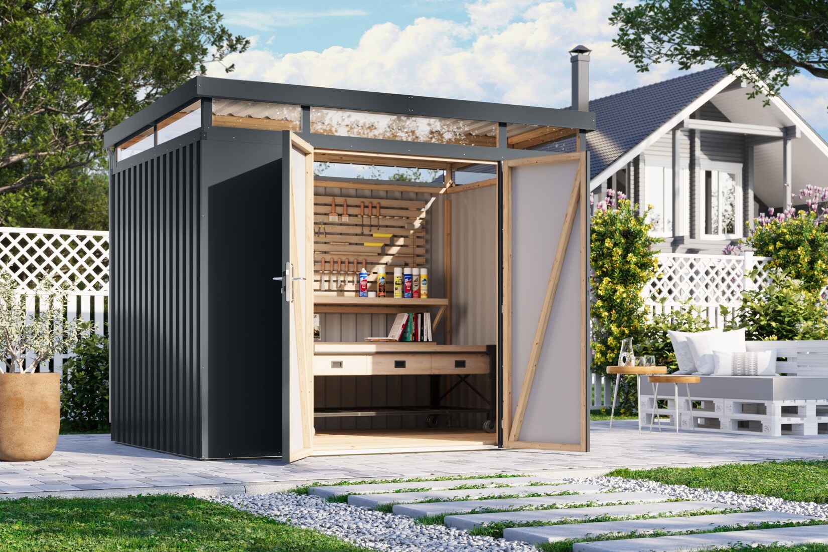 Metallgerätehaus Boldmere XXL im Set mit Anbaudach 2 m
