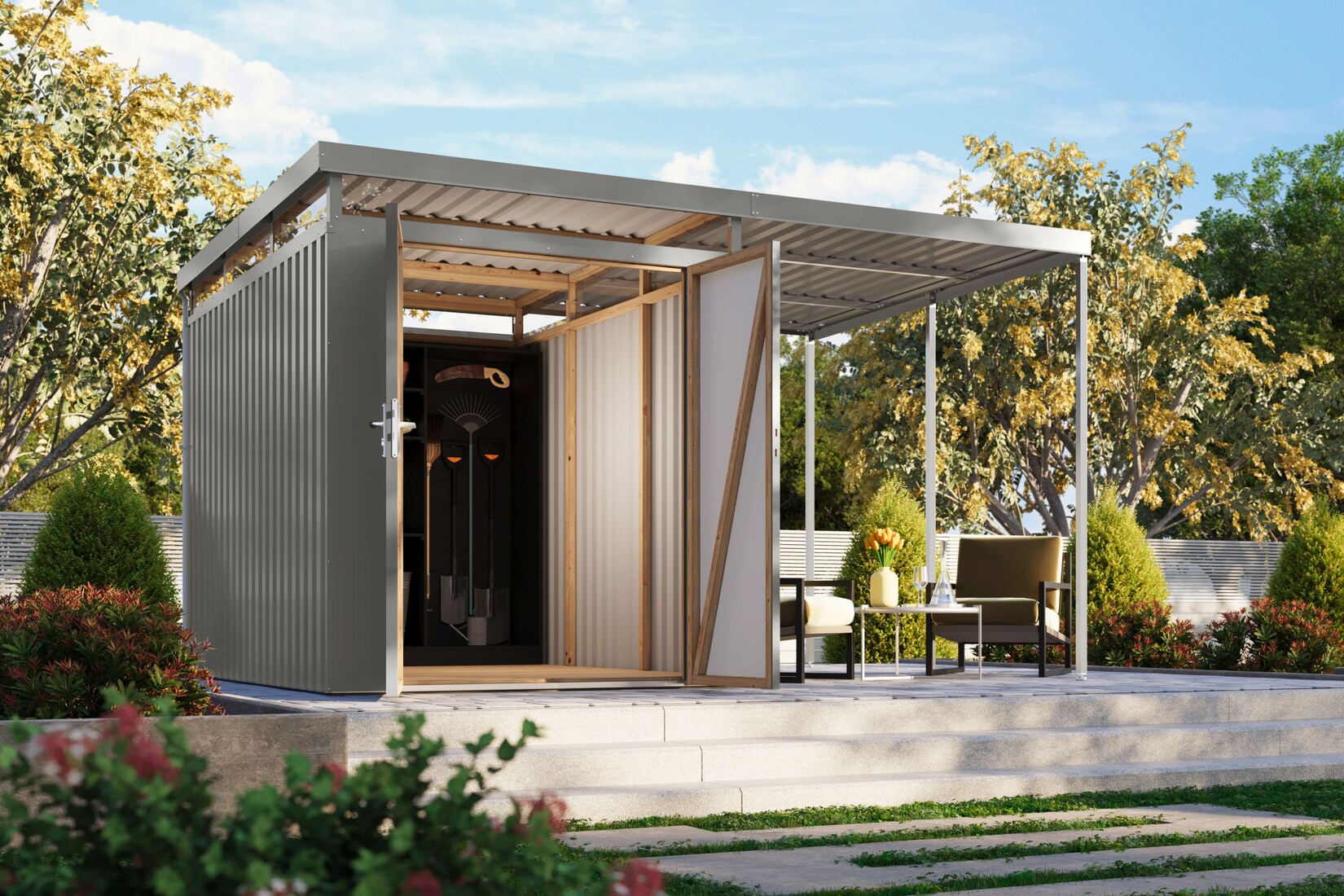 Metallgerätehaus Boldmere XXL im Set mit Anbaudach 2 m