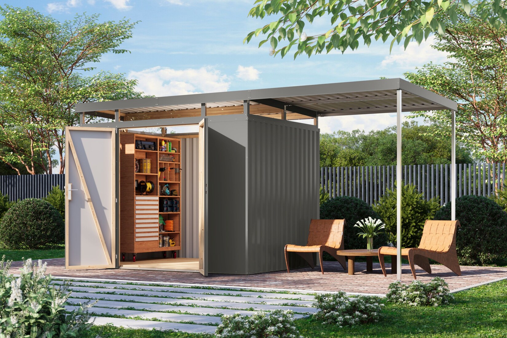 Metallgerätehaus Boldmere XXL im Set mit Anbaudach 2 m