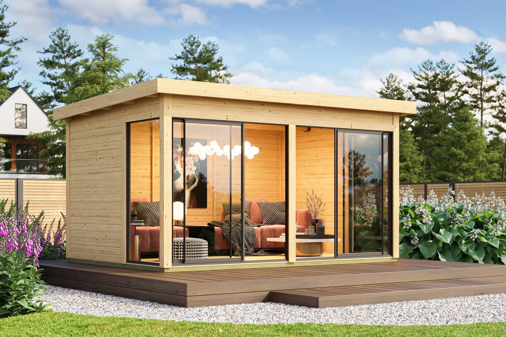 Karibu Gartenhaus Frisco Deluxe 38 mm mit Schiebetüren