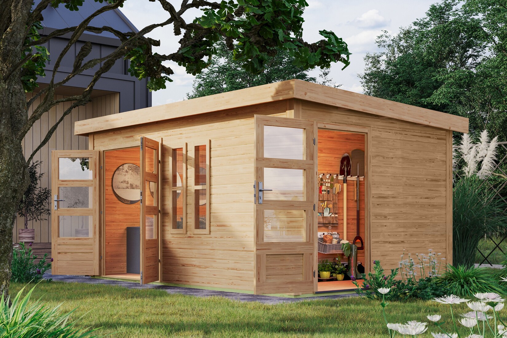 Karibu Gartenhaus Goldbach Flachdach 38 mm Wandstärke