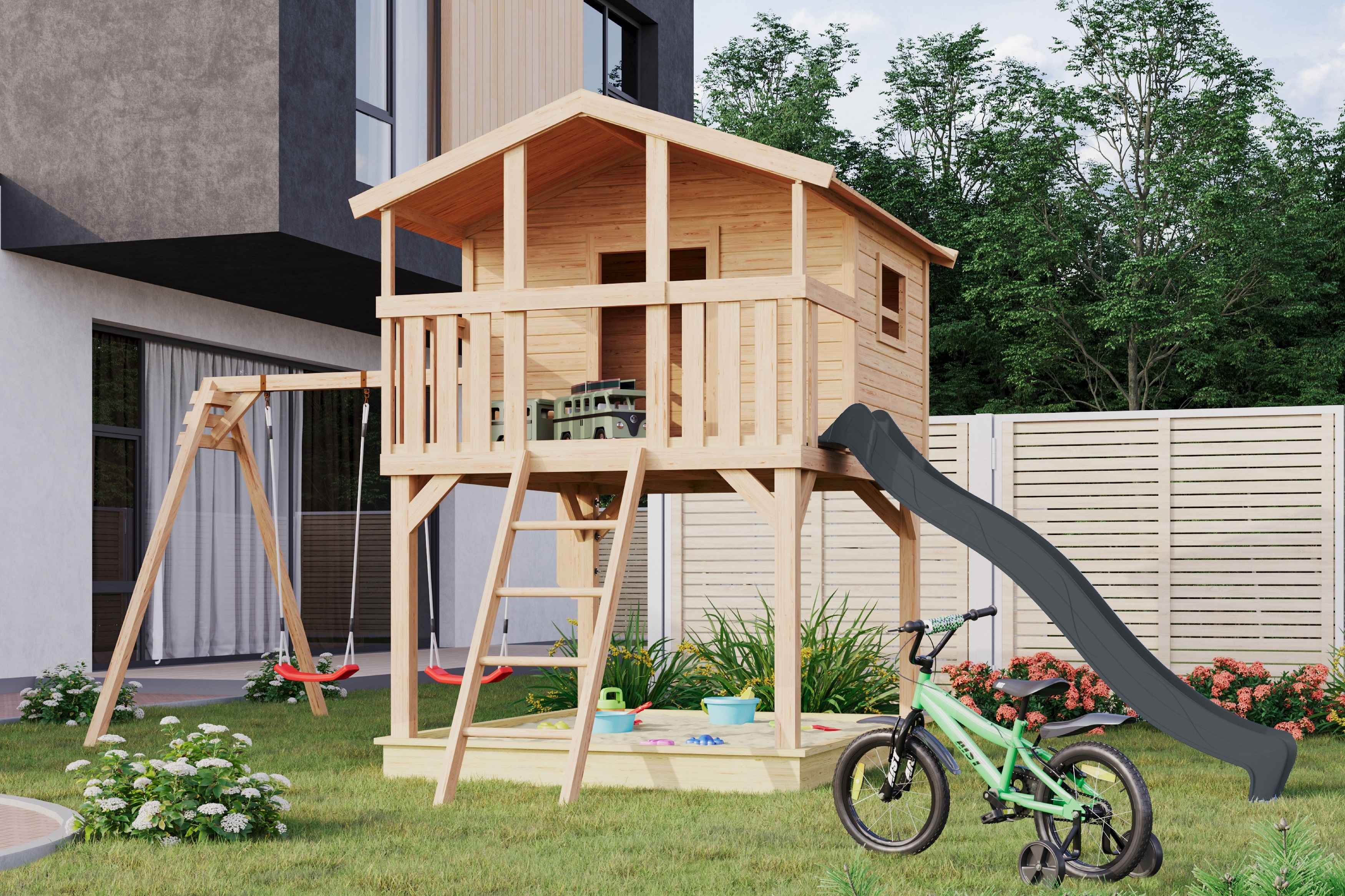 Karibu Stelzenhaus Benjamin mit Rutsche und Doppelschaukelanbau - Bild 1