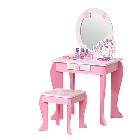 HOMCOM Kinderschminktisch 2-teilig im Einhorndesign rosa+weiß | Kinder Frisiertisch Kinderhocker Kindertischplatte - Bild 1