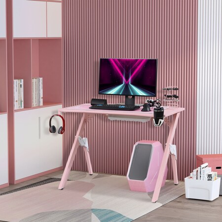 HOMCOM Gaming Tisch Mit Kopfhörerhaken, Getränkehalterung und  Controllerhalter rosa 110L x 58T x 75H cm