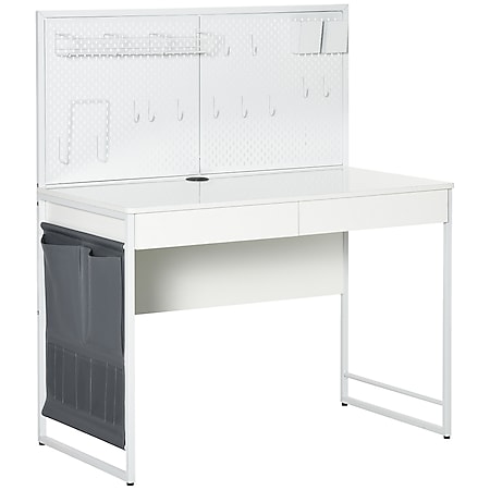 HOMCOM Schreibtisch mit Stofftasche weiß, schwarz 110L x 58,5B x 127H cm | computertisch mit 2 schubladen  notizgitter  stofftasche  arbeitstisch - Bild 1