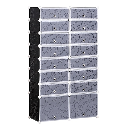 HOMCOM Schuhschrank mit Stecksystem schwarz, weiß 37 x 95 x 160 cm (LxBxH) | DIY Schuhregal mit 16 Fächer Garderobenschrank - Bild 1