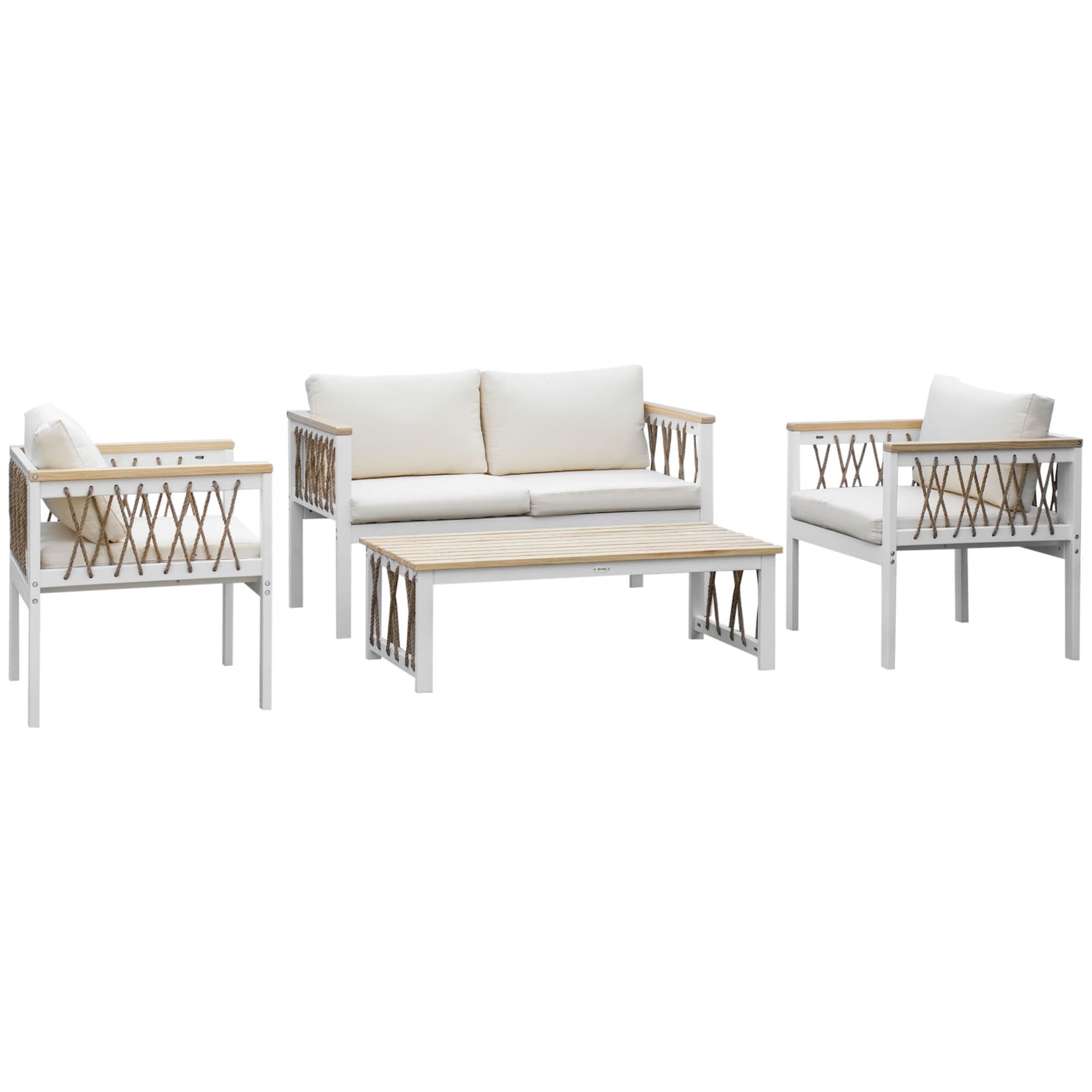 Outsunny Gartenmöbel-Set mit Armlehne, Polster und Tisch weiß, natur 126L x 61B x 65H cm
